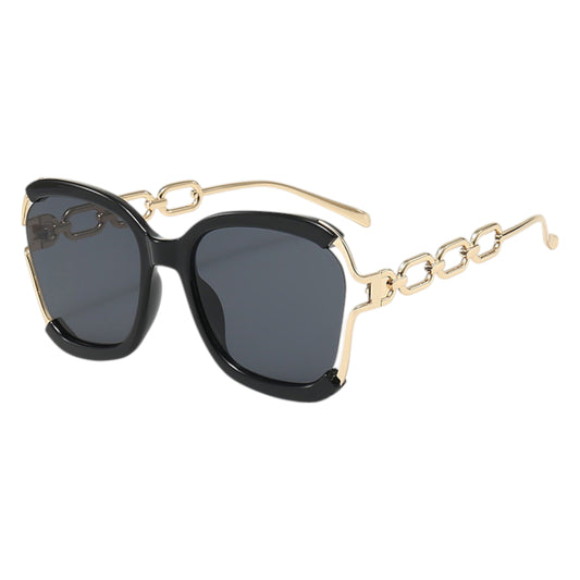 Anna-Kaci Women's Oversized Square Sunglasses with Cutout Chain Link Arms and Glamorous Metal Trim Detailing