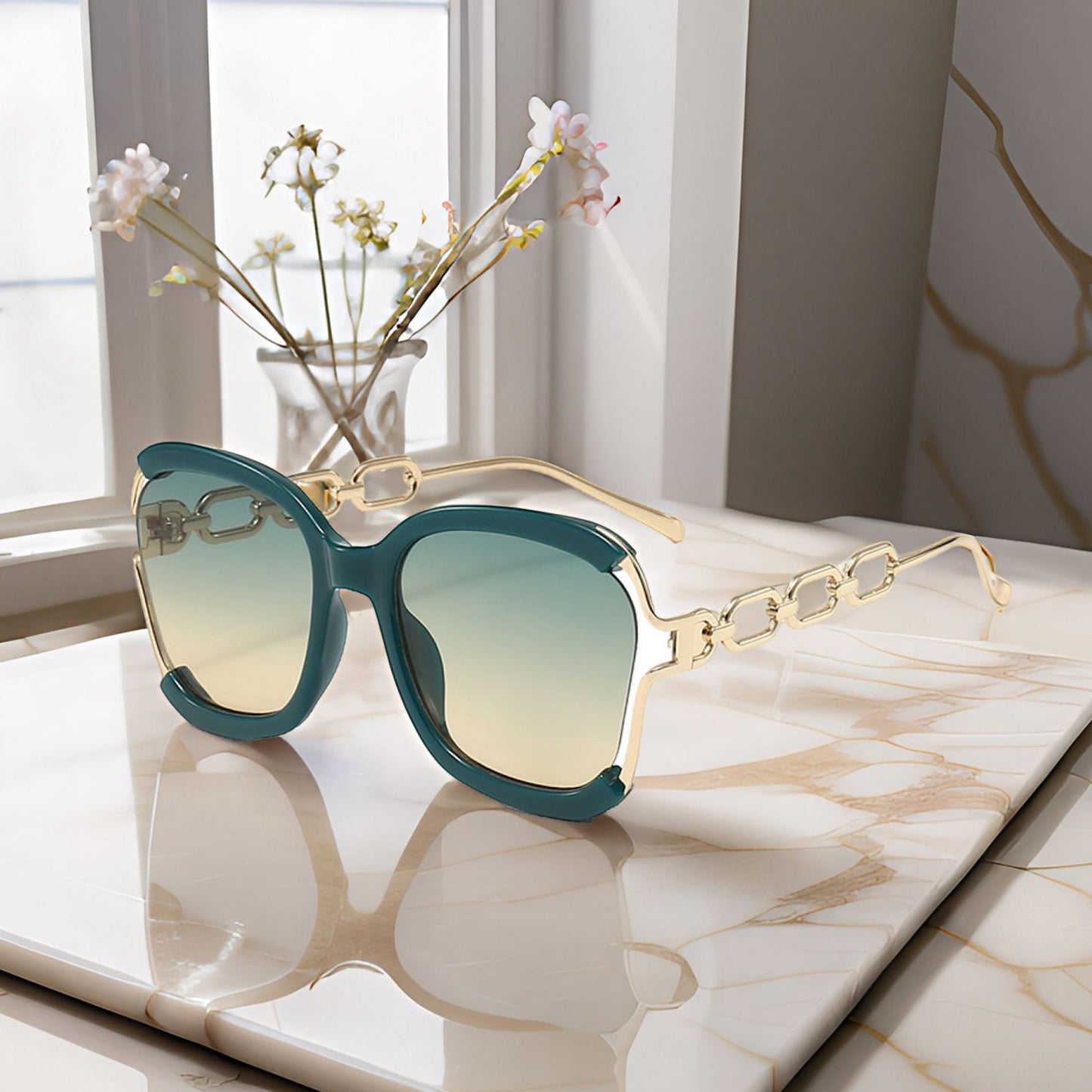 Anna-Kaci Women's Oversized Square Sunglasses with Cutout Chain Link Arms and Glamorous Metal Trim Detailing