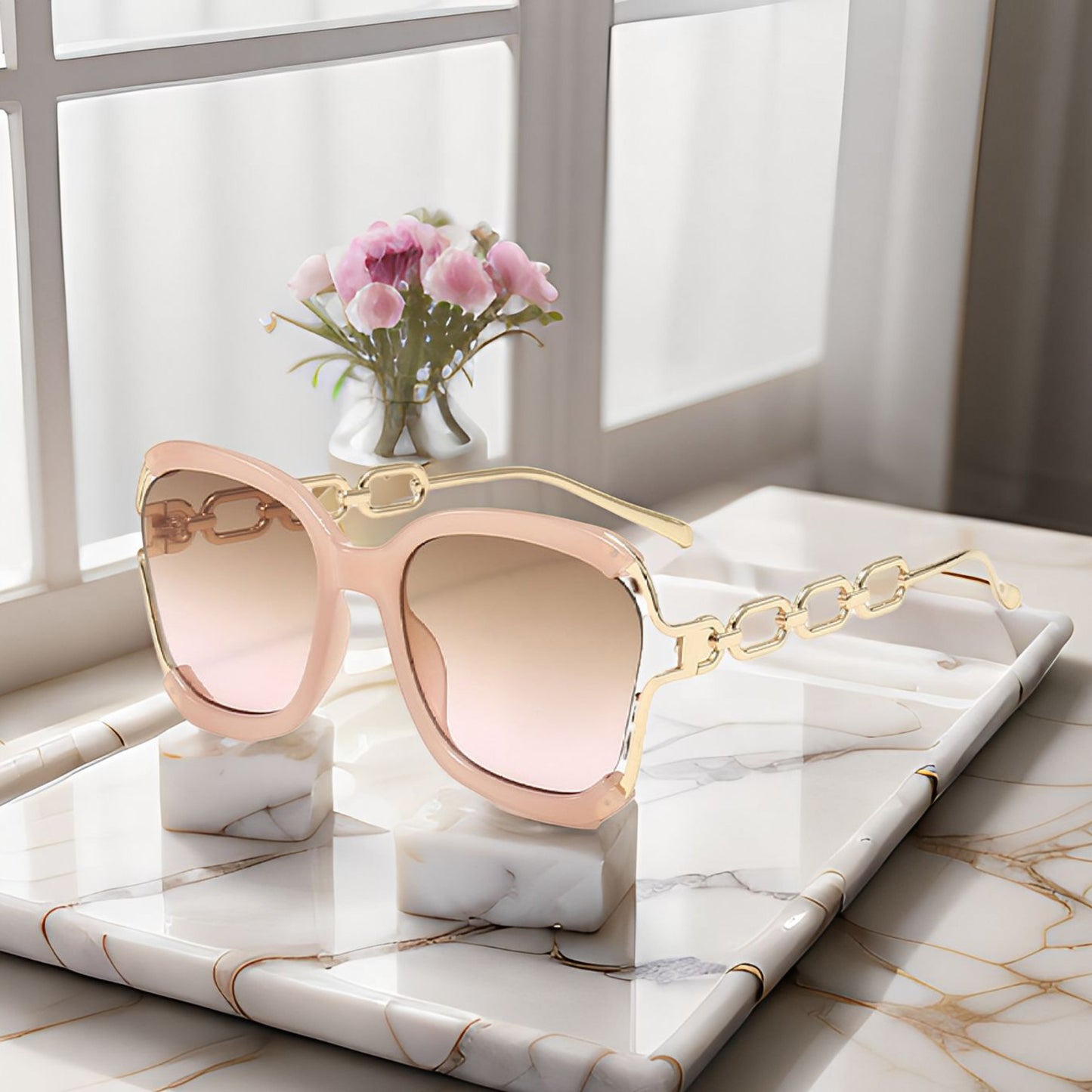 Anna-Kaci Women's Oversized Square Sunglasses with Cutout Chain Link Arms and Glamorous Metal Trim Detailing