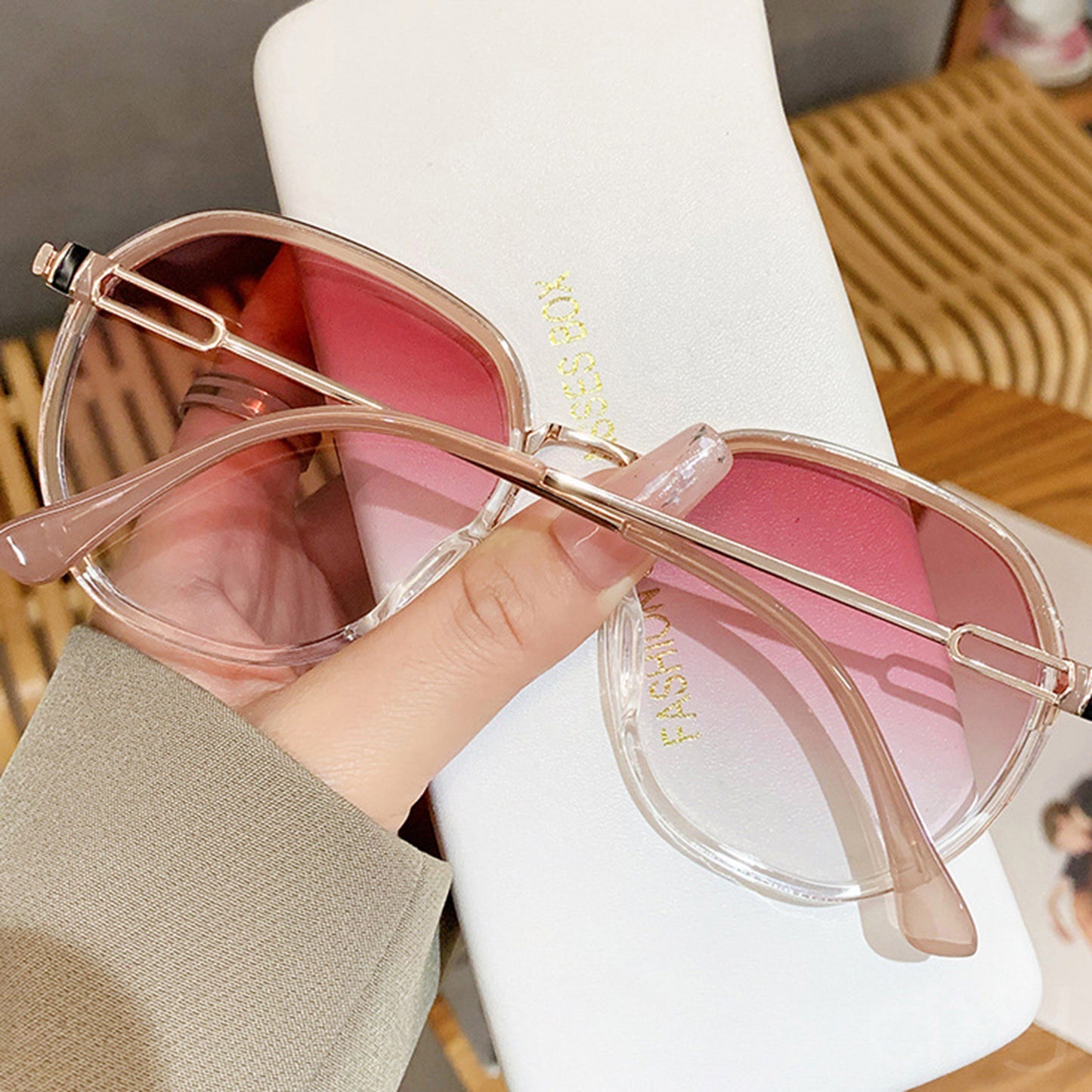 Anna-Kaci Women's Fashion Round Gradient Lens Sunglasses with Metal Arms and Transparent Frame Design for Modern Everyday Style