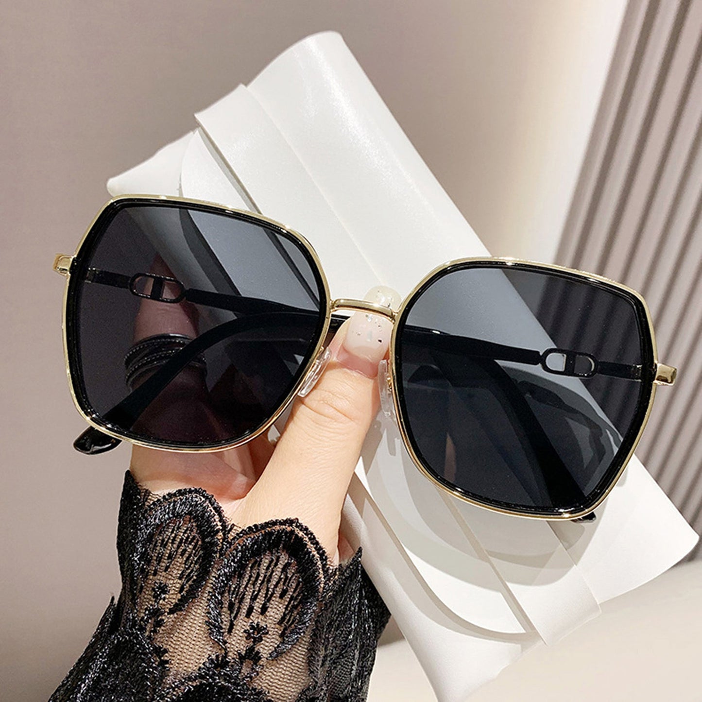 Anna-Kaci Women's Oversized Square Sunglasses with Dual Layer Frame and Gold Temple Accent UV400 Dark Lenses