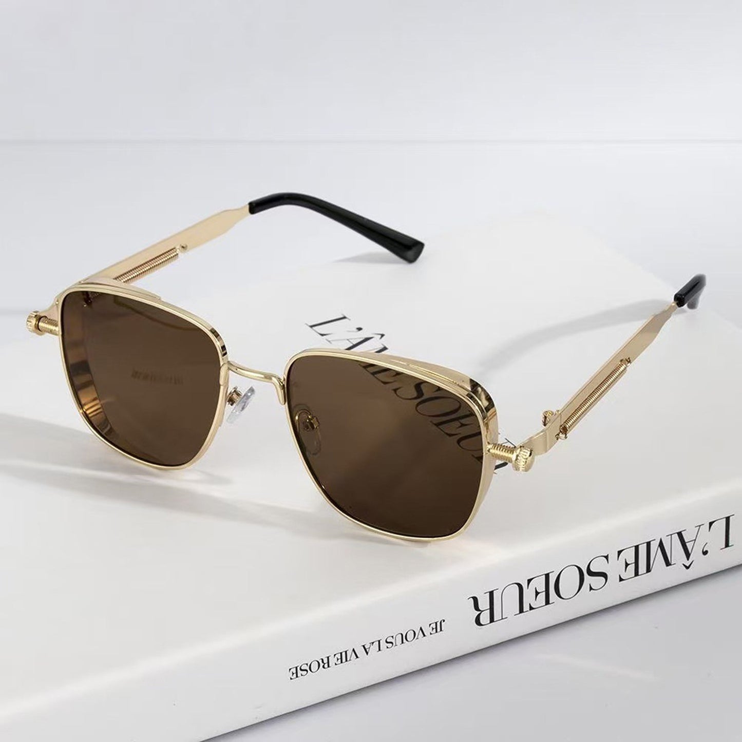 Anna-Kaci Unisex Geometric Square Sunglasses with Metal Frame and Industrial Side Bar Detailing