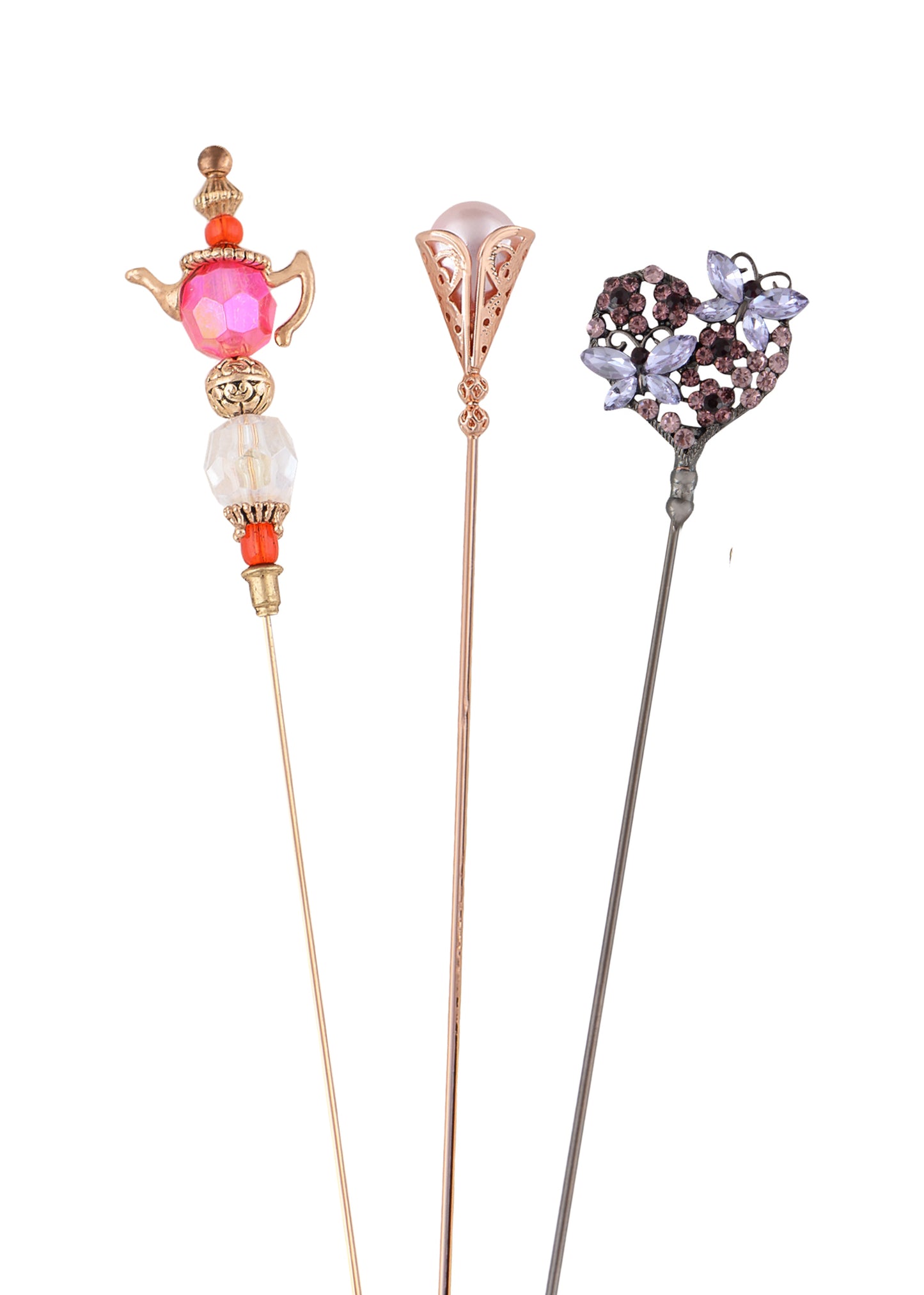 Alilang Magic Lamp Pearl Lady Camo Rose Heart Rhinestones 3Pcs Vintage Long Handle Hat and Lapel Pins with Flexible Bendable Design