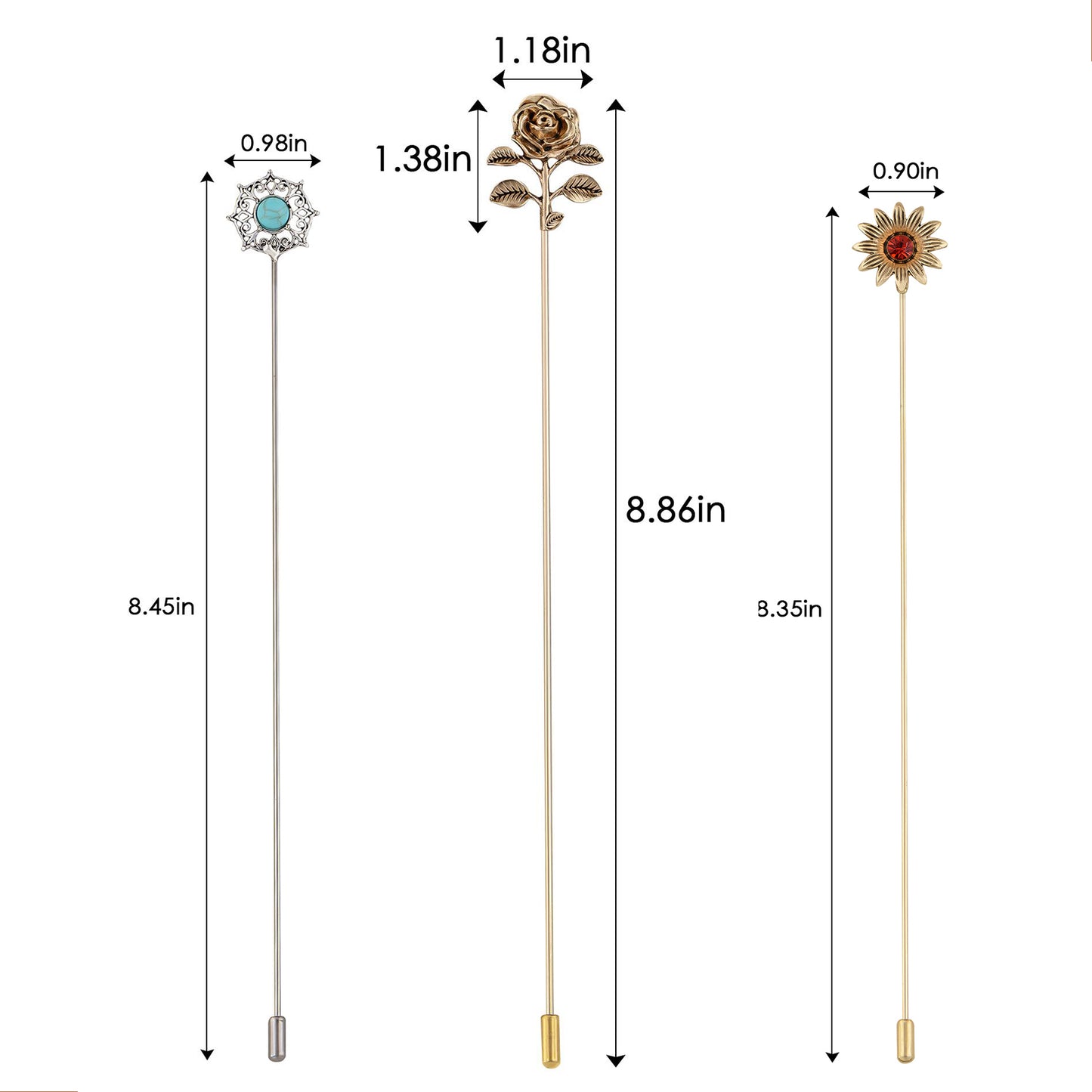 Alilang 3Pcs Classic Hat Pins Safety Long Handle Lapel Pin Suit Tie Hat Scarf Jewelry Accessories