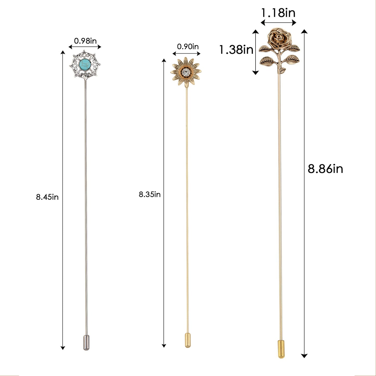 Alilang 3Pcs Classic Hat Pins Safety Long Handle Lapel Pin Suit Tie Hat Scarf Jewelry Accessories