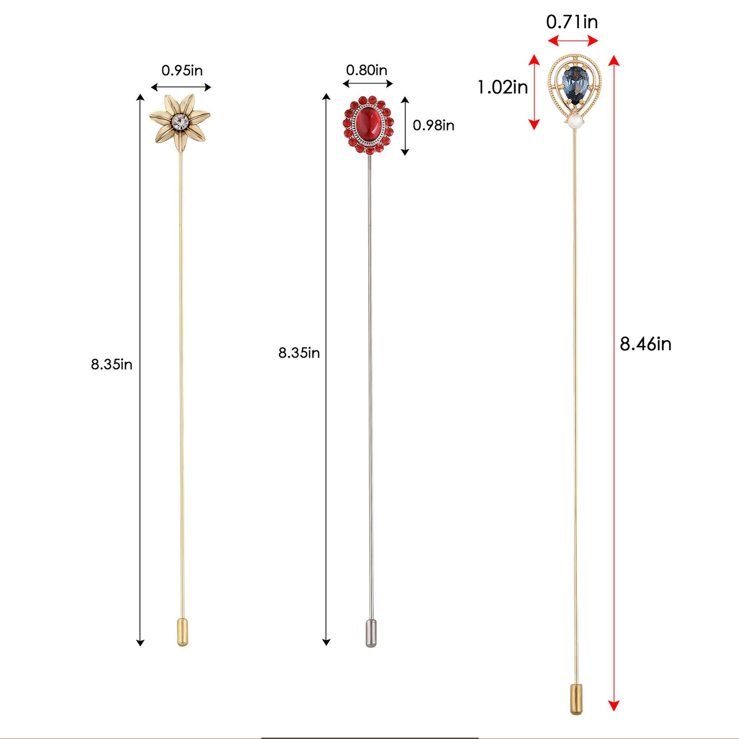Alilang 3Pcs Classic Hat Pins Safety Long Handle Lapel Pin Suit Tie Hat Scarf Jewelry Accessories