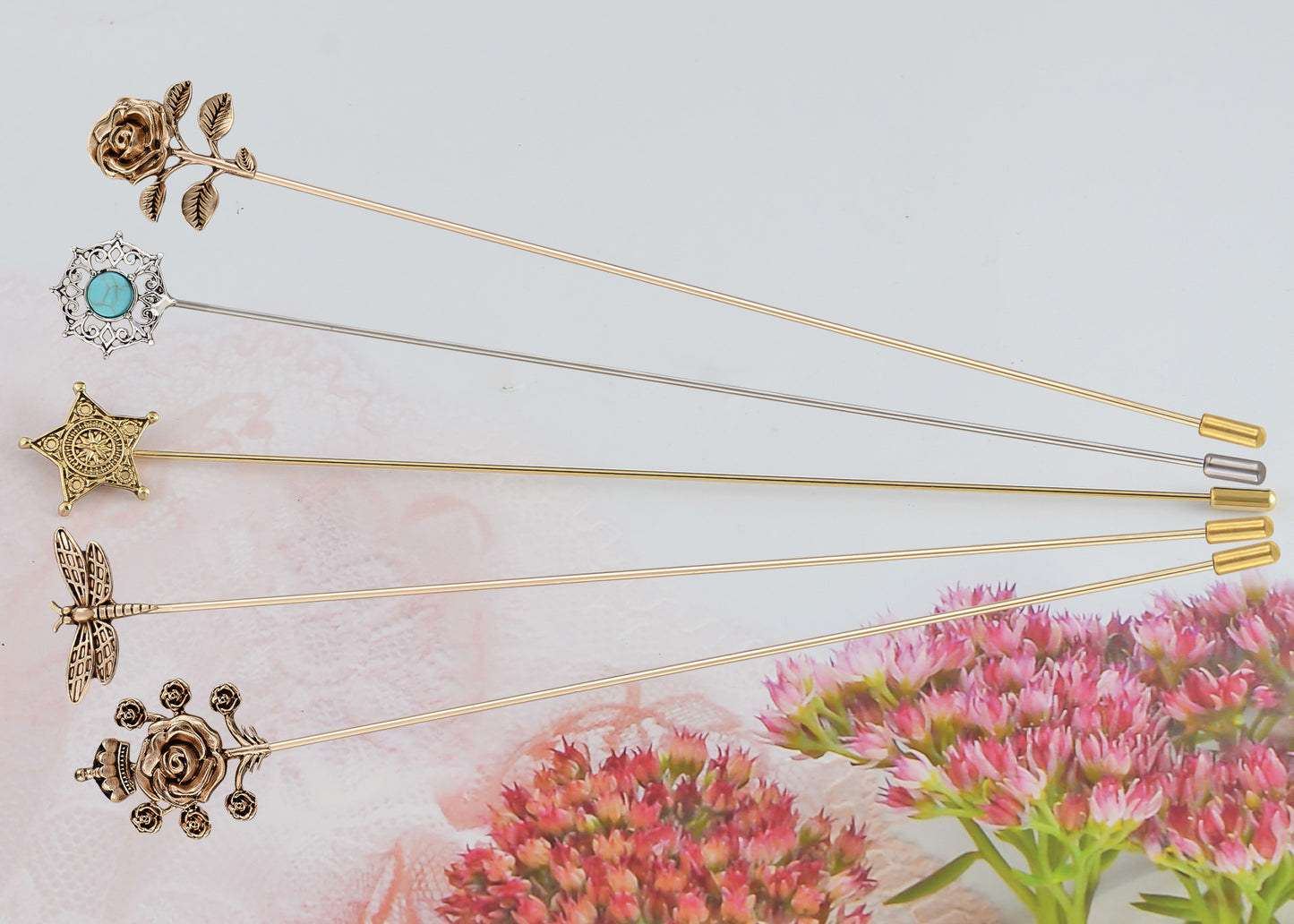 Alilang Vintage Style Hat Pin Set Mixed Charms Including Crescent Moon Star Gemstone Floral Accents