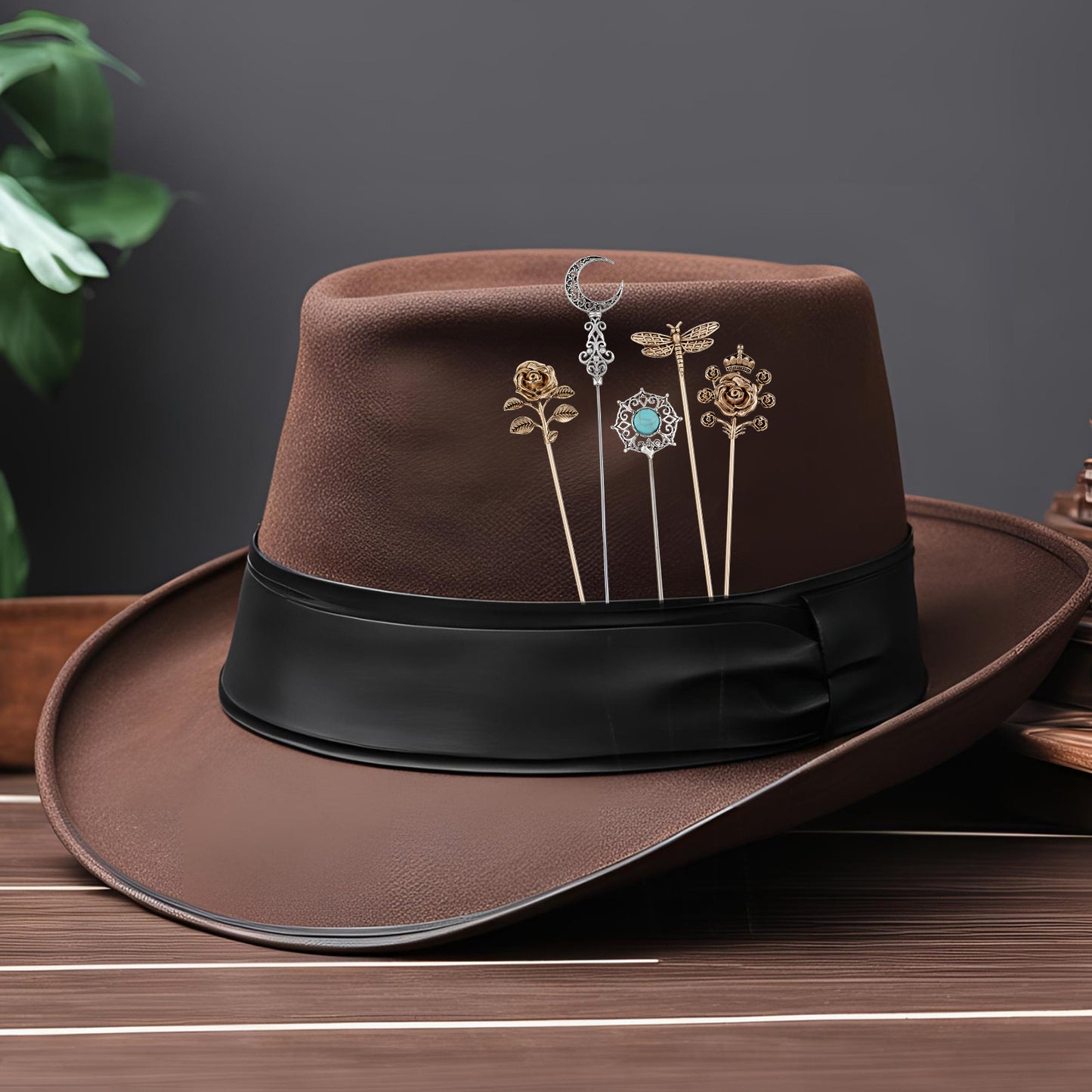 Alilang Vintage Style Hat Pin Set Mixed Charms Including Crescent Moon Star Gemstone Floral Accents