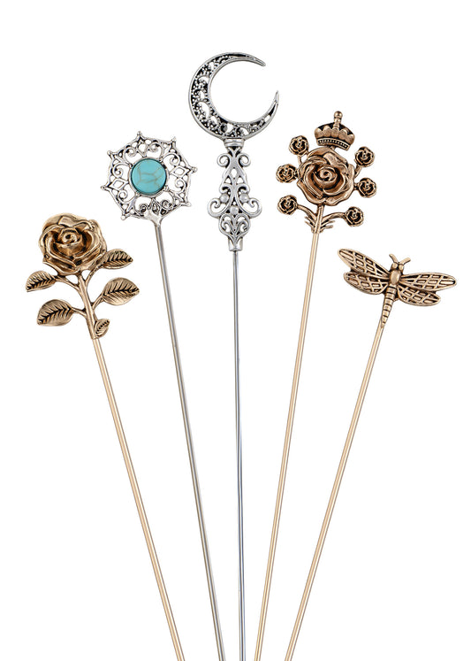 Alilang Vintage Style Hat Pin Set Mixed Charms Including Crescent Moon Star Gemstone Floral Accents