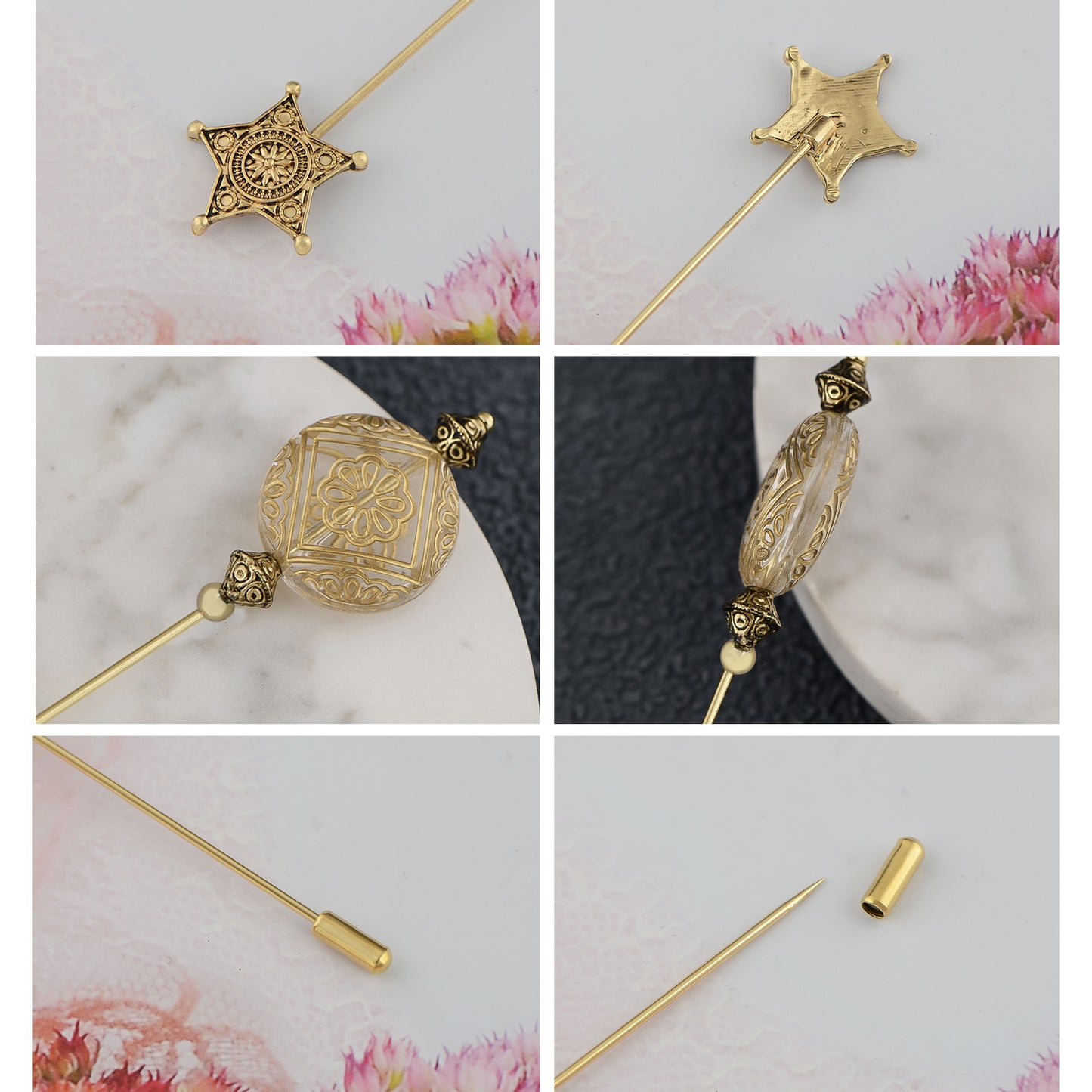 Alilang Vintage Style Hat Pin Set Mixed Charms Including Crescent Moon Star Gemstone Floral Accents