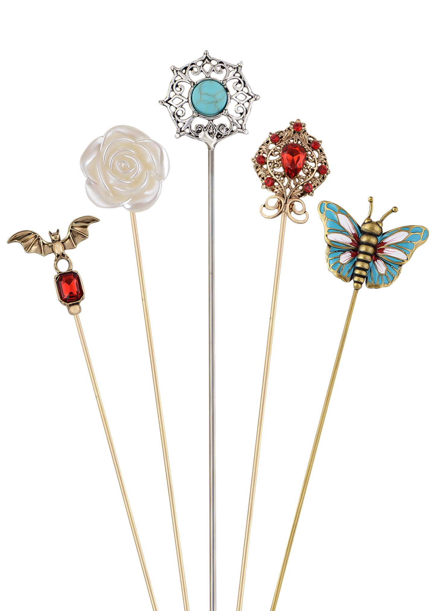 Alilang Vintage Style Hat Pin Set Mixed Charms Including Crescent Moon Star Gemstone Floral Accents