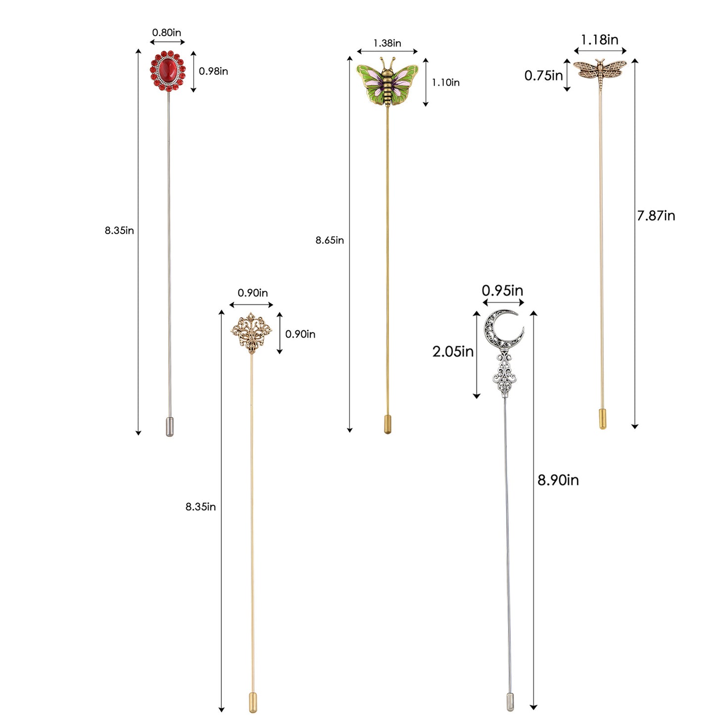 Alilang Vintage Style Hat Pin Set Mixed Charms Including Crescent Moon Star Gemstone Floral Accents