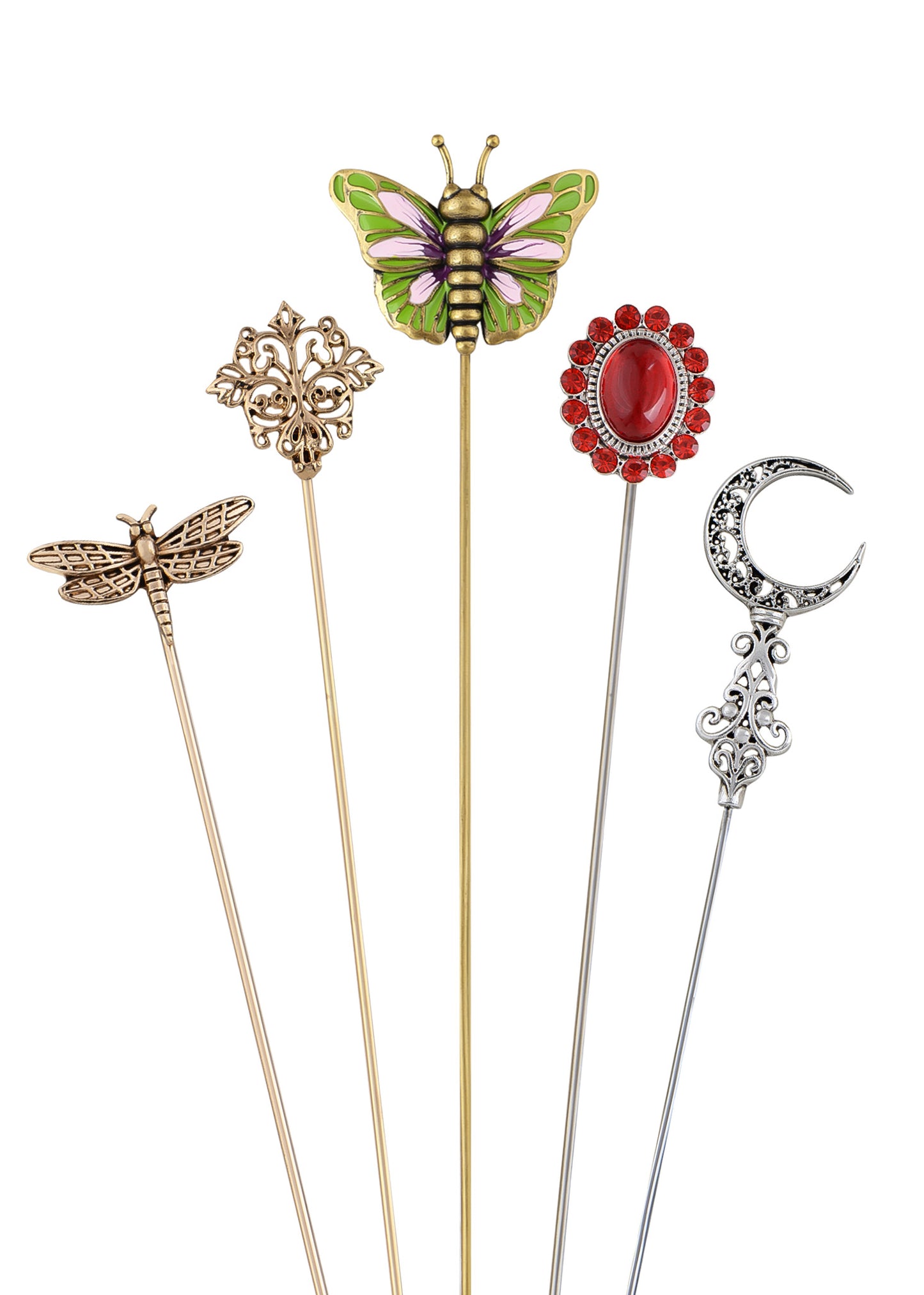 Alilang Vintage Style Hat Pin Set Mixed Charms Including Crescent Moon Star Gemstone Floral Accents