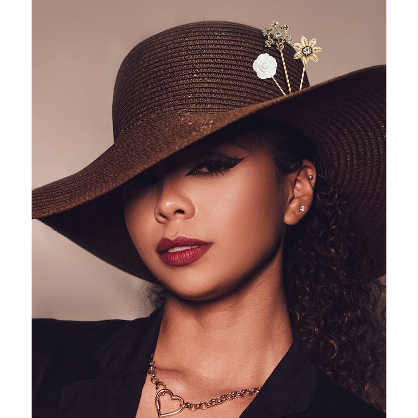 Alilang Floral Hat Pin for Women Gold Tone Stick Pins Featuring Rose Crystal Jewelry for Hat Accessories Lapel Brooch Pins