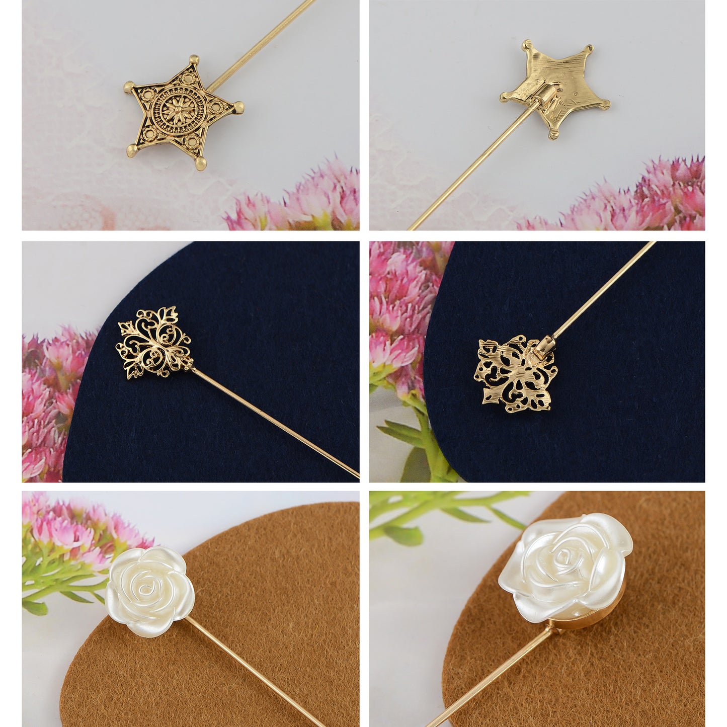 Alilang Floral Hat Pin for Women Gold Tone Stick Pins Featuring Rose Crystal Jewelry for Hat Accessories Lapel Brooch Pins