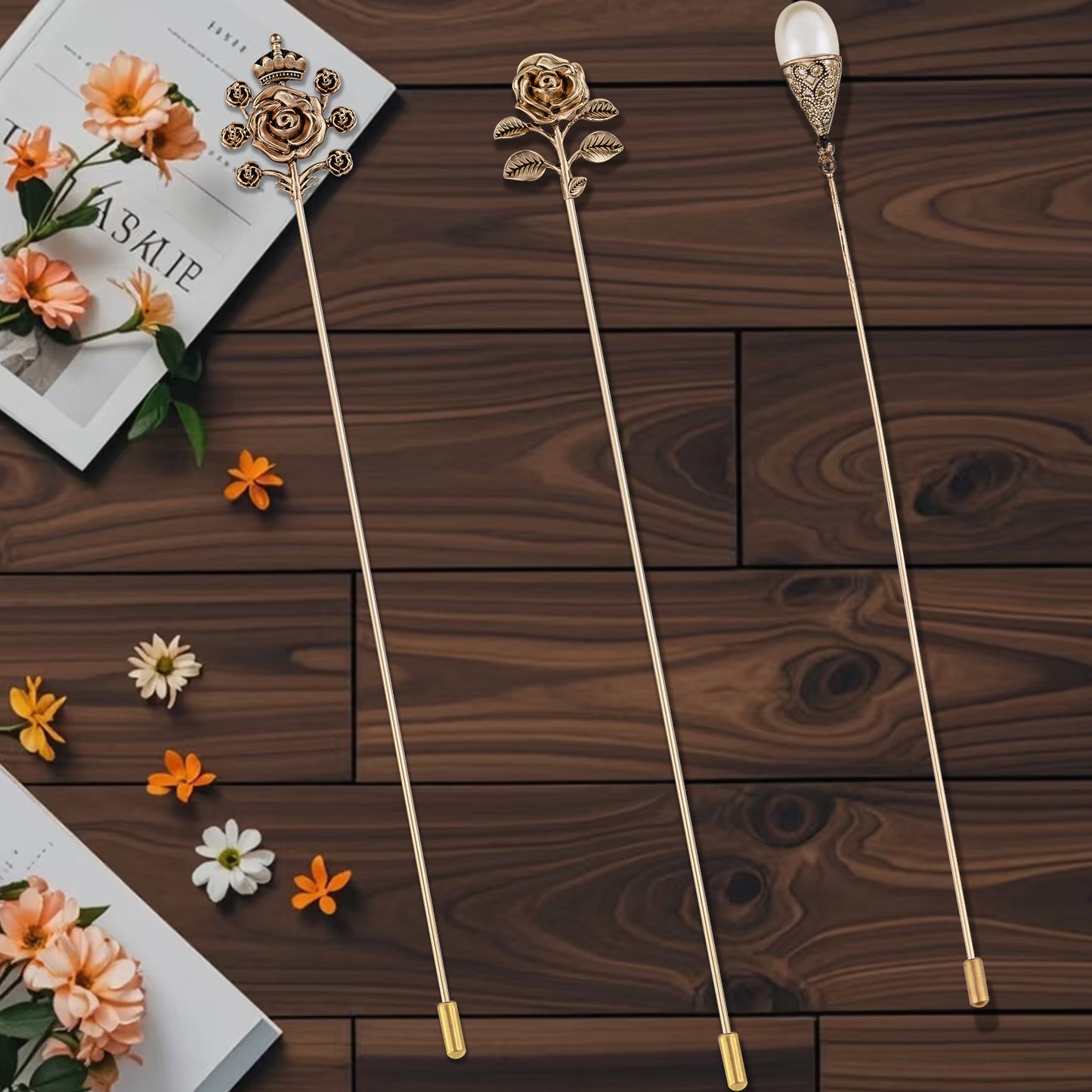 Alilang Floral Hat Pin for Women Gold Tone Stick Pins Featuring Rose Crystal Jewelry for Hat Accessories Lapel Brooch Pins