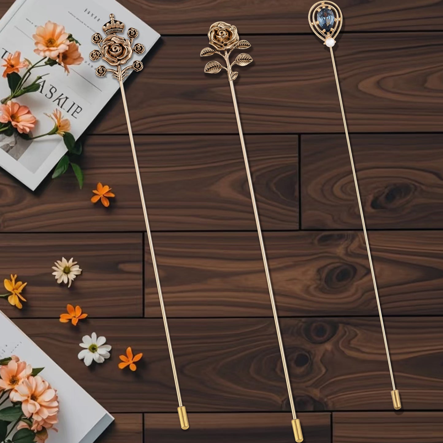 Alilang Floral Hat Pin for Women Gold Tone Stick Pins Featuring Rose Crystal Jewelry for Hat Accessories Lapel Brooch Pins