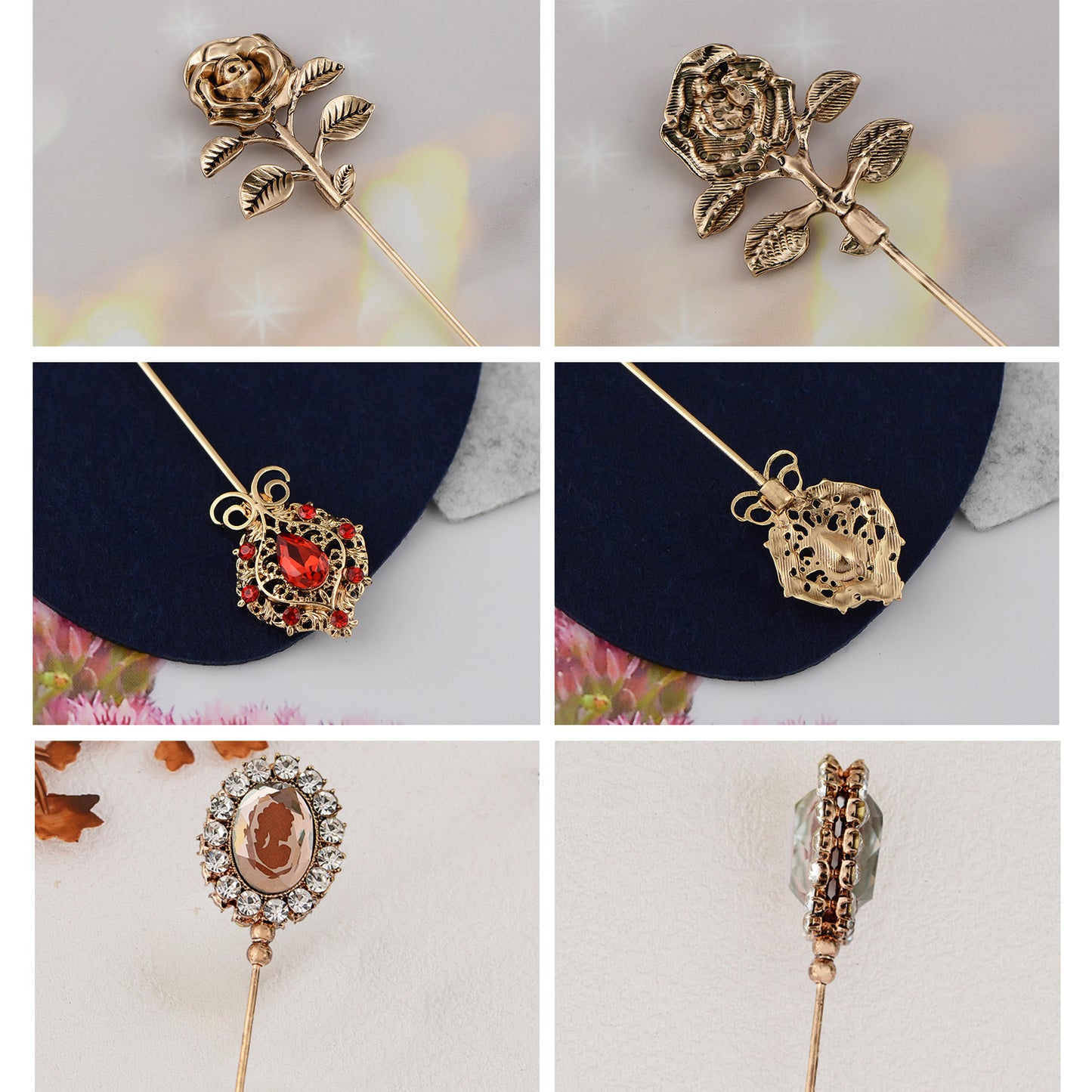 Alilang Floral Hat Pin for Women Gold Tone Stick Pins Featuring Rose Crystal Jewelry for Hat Accessories Lapel Brooch Pins
