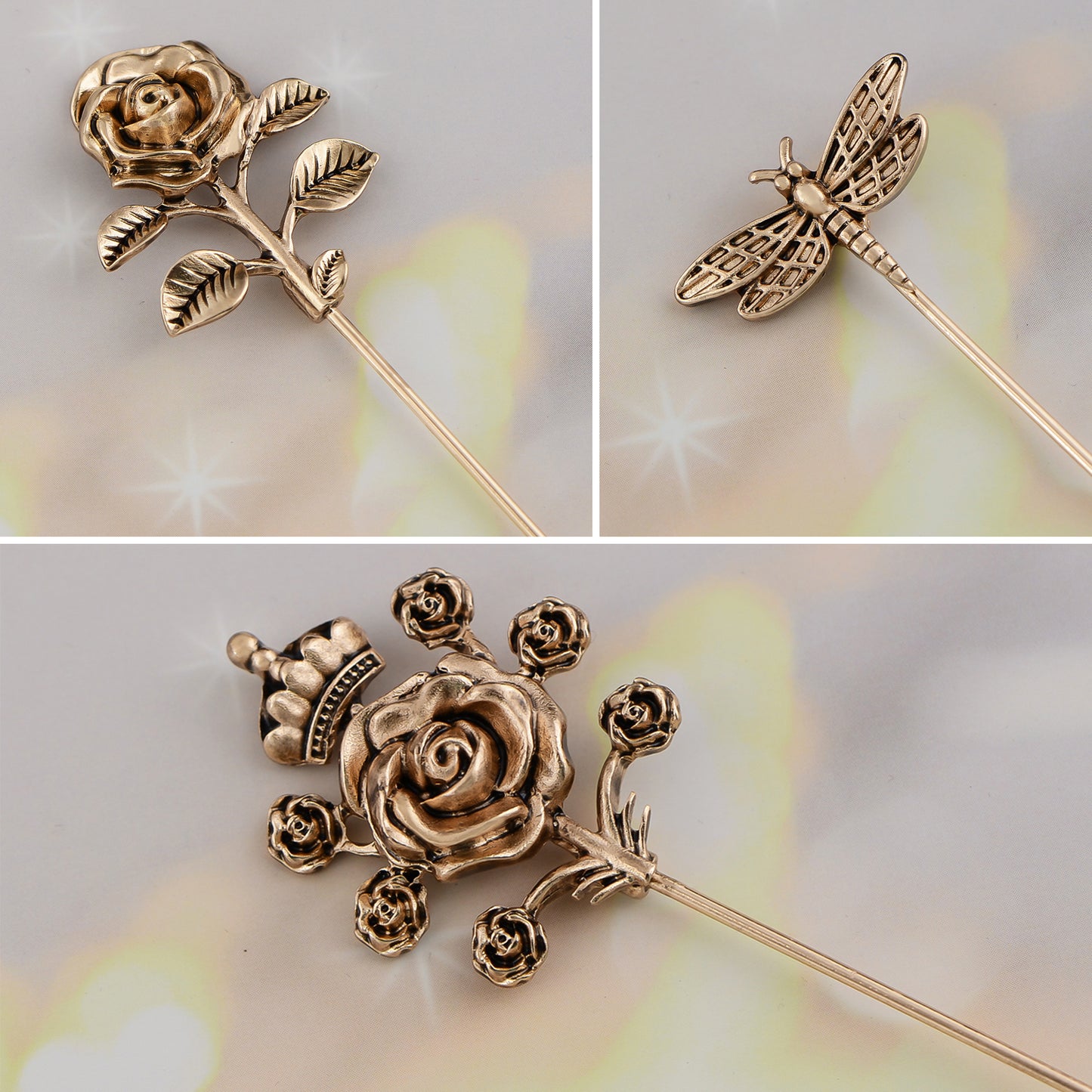 Alilang Vintage 3Pcs Long Stick Hat Pin Crystal Flower and Butterfly for Classic Hat and Lapel Brooch Pins Accessorizin