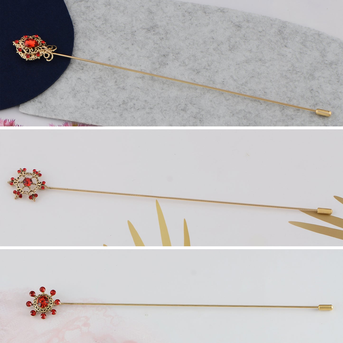 Alilang Vintage 3Pcs Long Stick Hat Pin Crystal Flower and Butterfly for Classic Hat and Lapel Brooch Pins Accessorizin