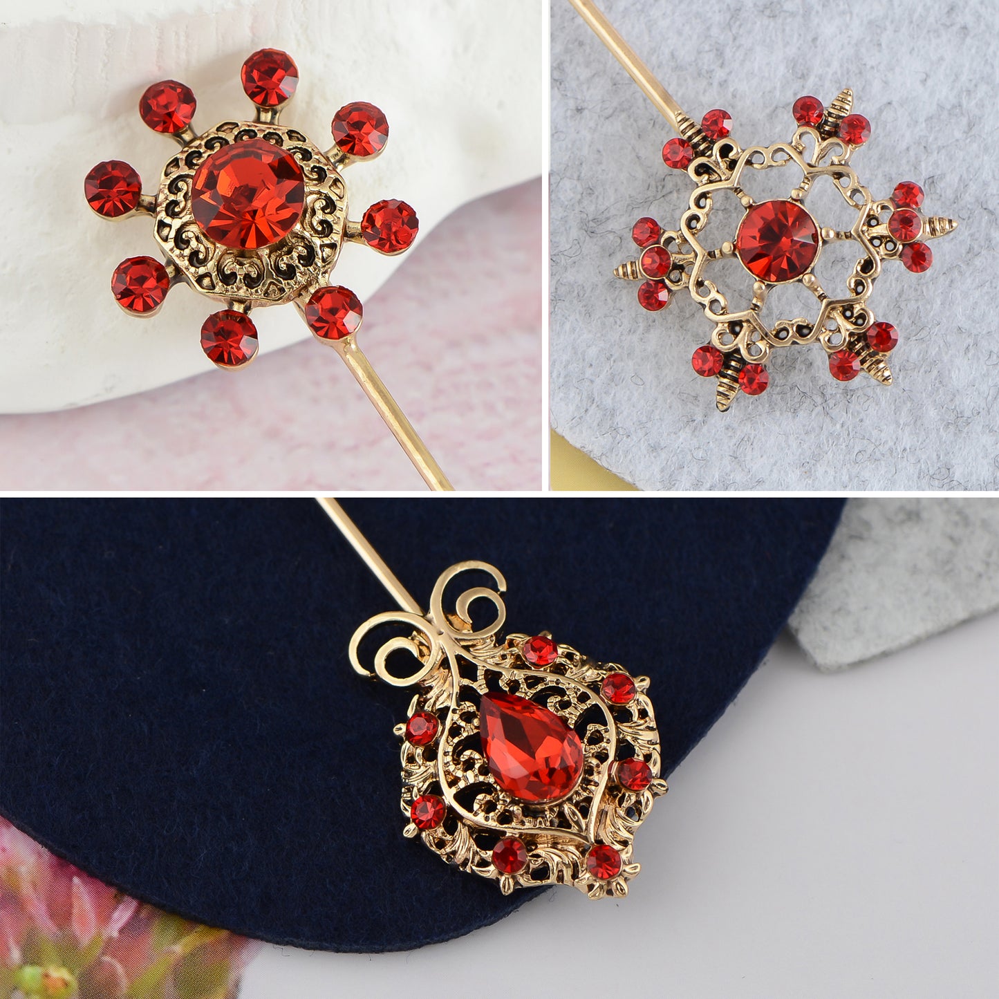 Alilang Vintage 3Pcs Long Stick Hat Pin Crystal Flower and Butterfly for Classic Hat and Lapel Brooch Pins Accessorizin