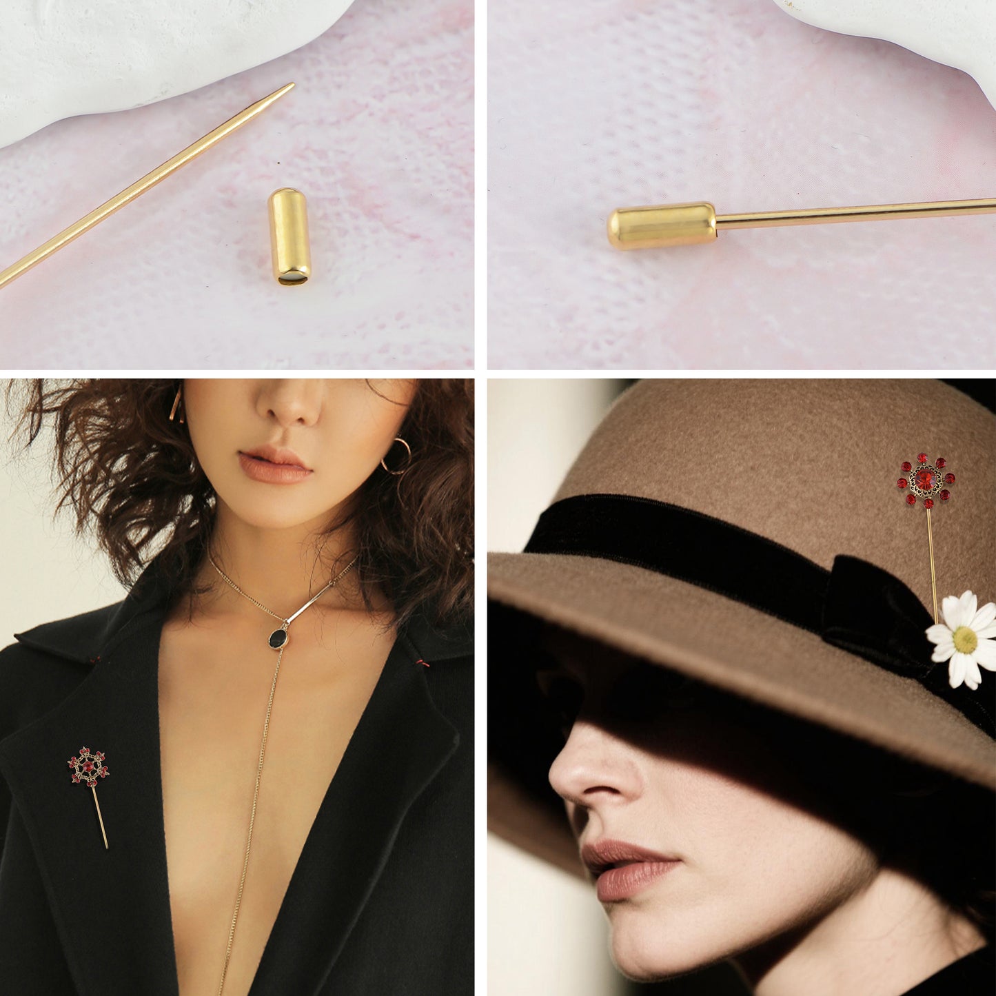 Alilang Vintage 3Pcs Long Stick Hat Pin Crystal Flower and Butterfly for Classic Hat and Lapel Brooch Pins Accessorizin