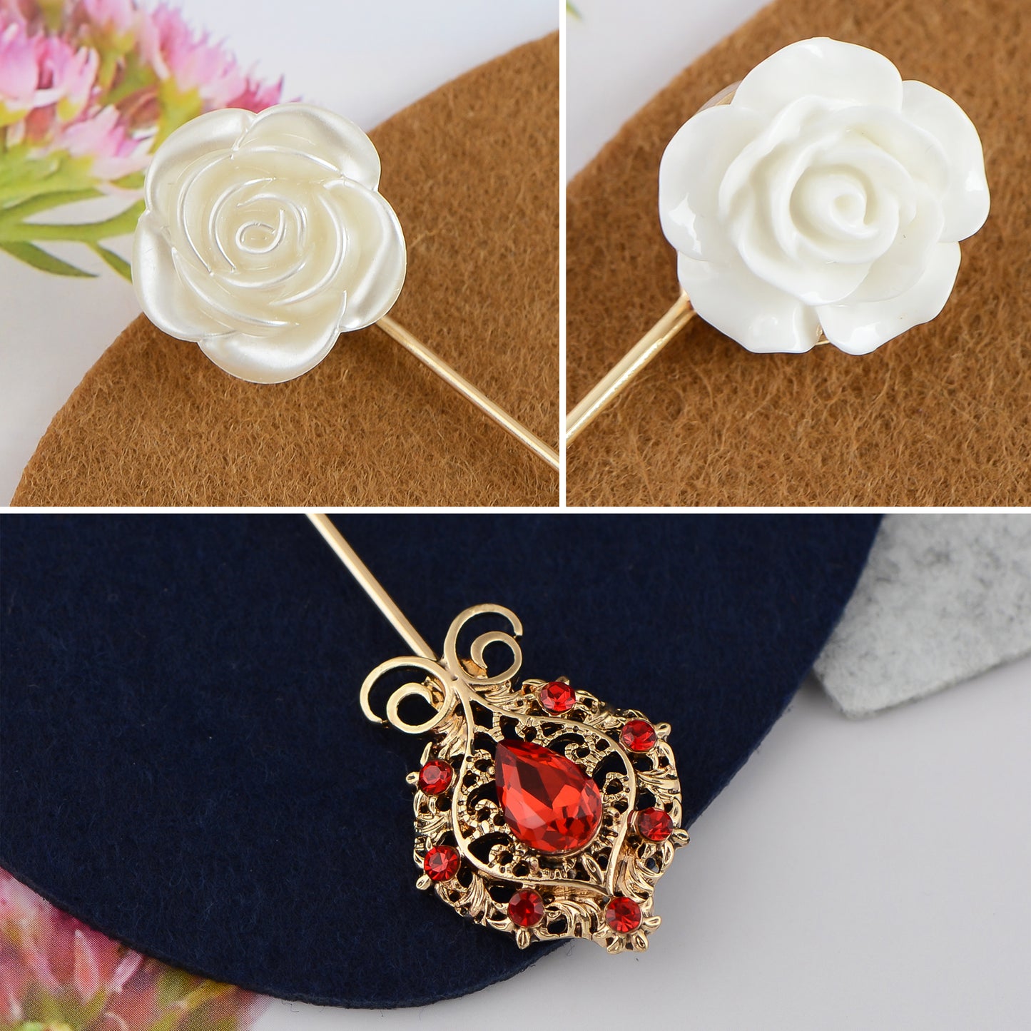 Alilang Vintage 3Pcs Long Stick Hat Pin Crystal Flower and Butterfly for Classic Hat and Lapel Brooch Pins Accessorizin