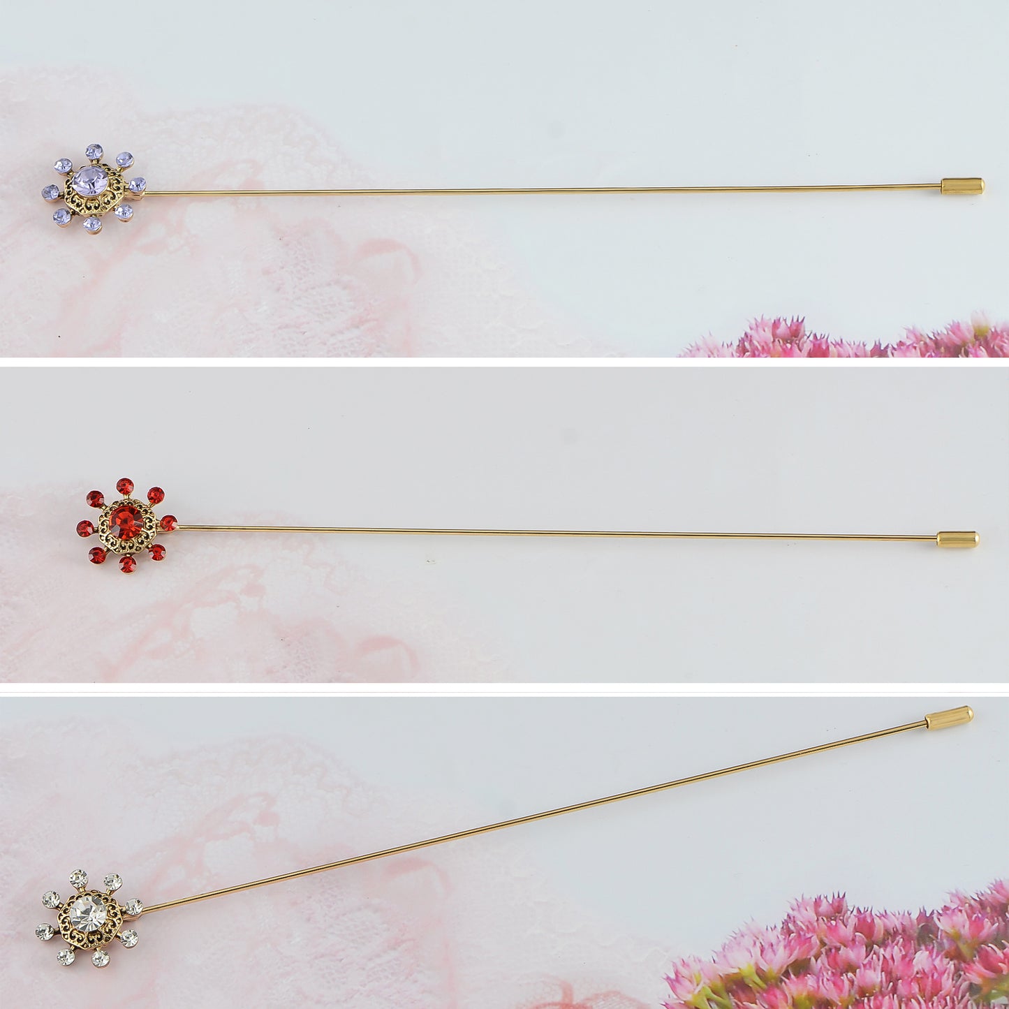 Alilang Vintage 3Pcs Long Stick Hat Pin Crystal Flower and Butterfly for Classic Hat and Lapel Brooch Pins Accessorizin