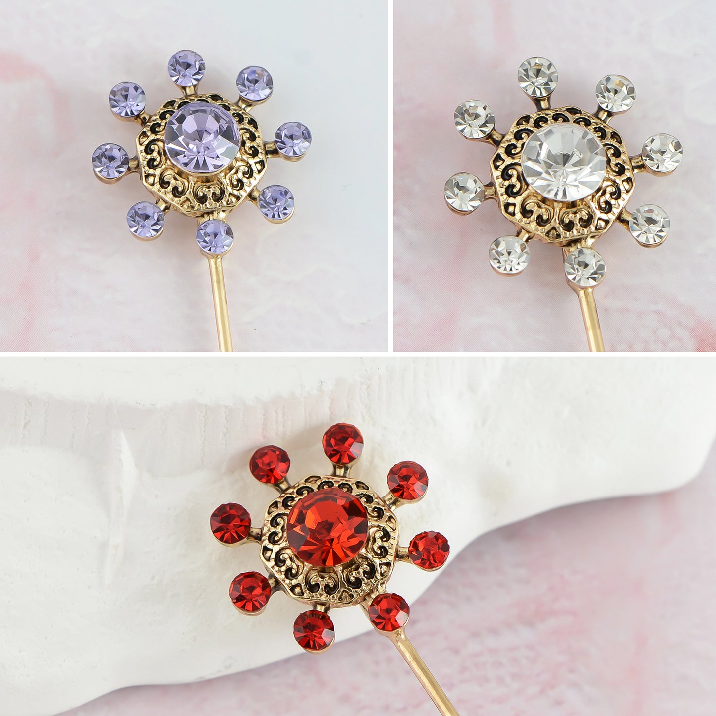 Alilang Vintage 3Pcs Long Stick Hat Pin Crystal Flower and Butterfly for Classic Hat and Lapel Brooch Pins Accessorizin