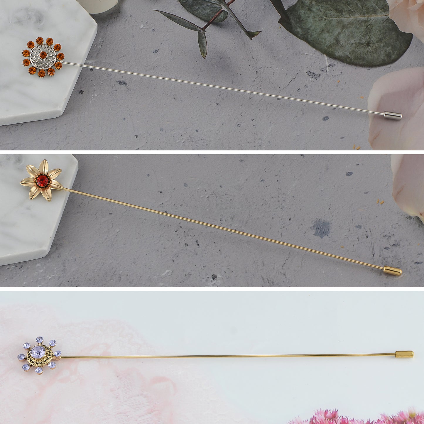 Alilang Vintage 3Pcs Long Stick Hat Pin Crystal Flower and Butterfly for Classic Hat and Lapel Brooch Pins Accessorizin