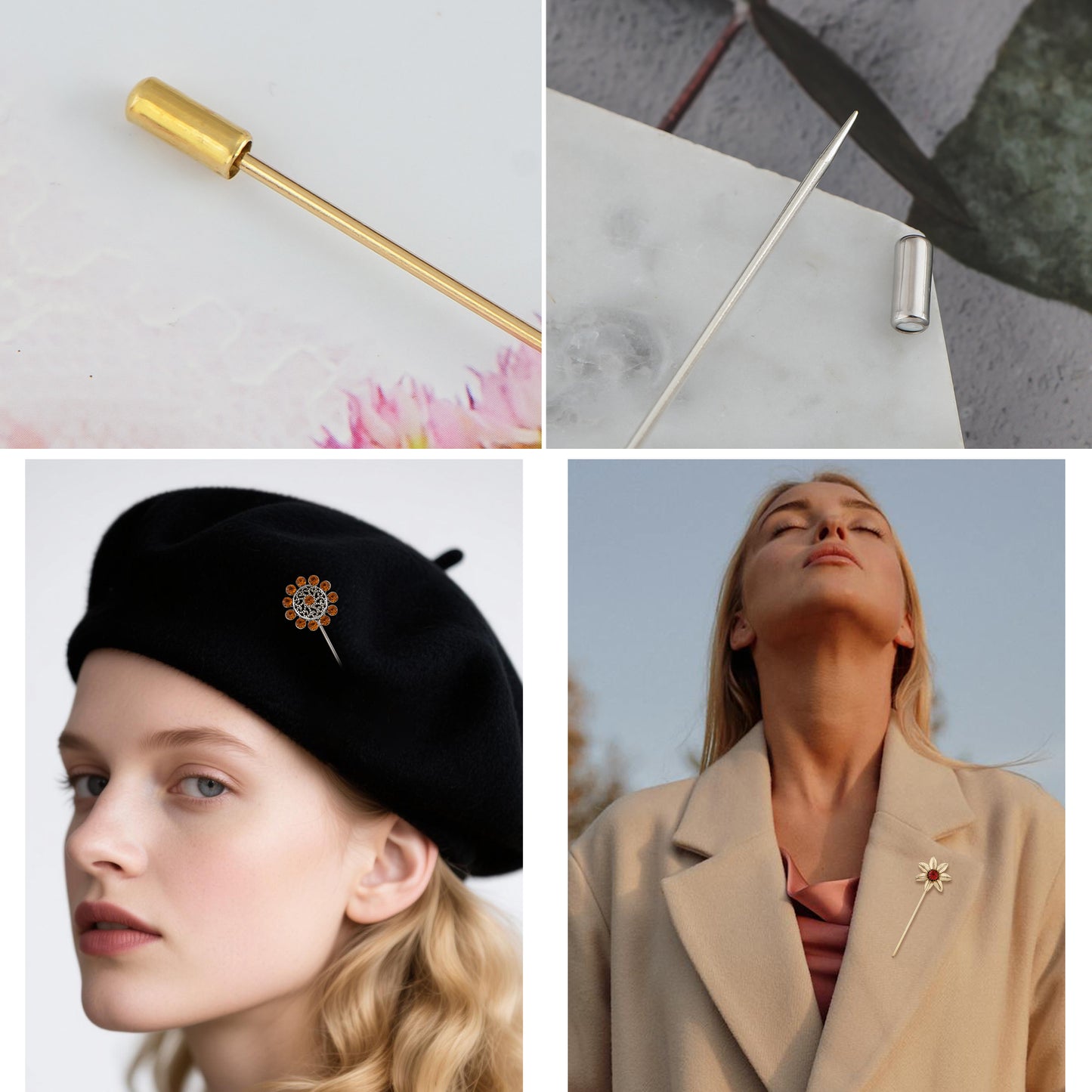 Alilang Vintage 3Pcs Long Stick Hat Pin Crystal Flower and Butterfly for Classic Hat and Lapel Brooch Pins Accessorizin