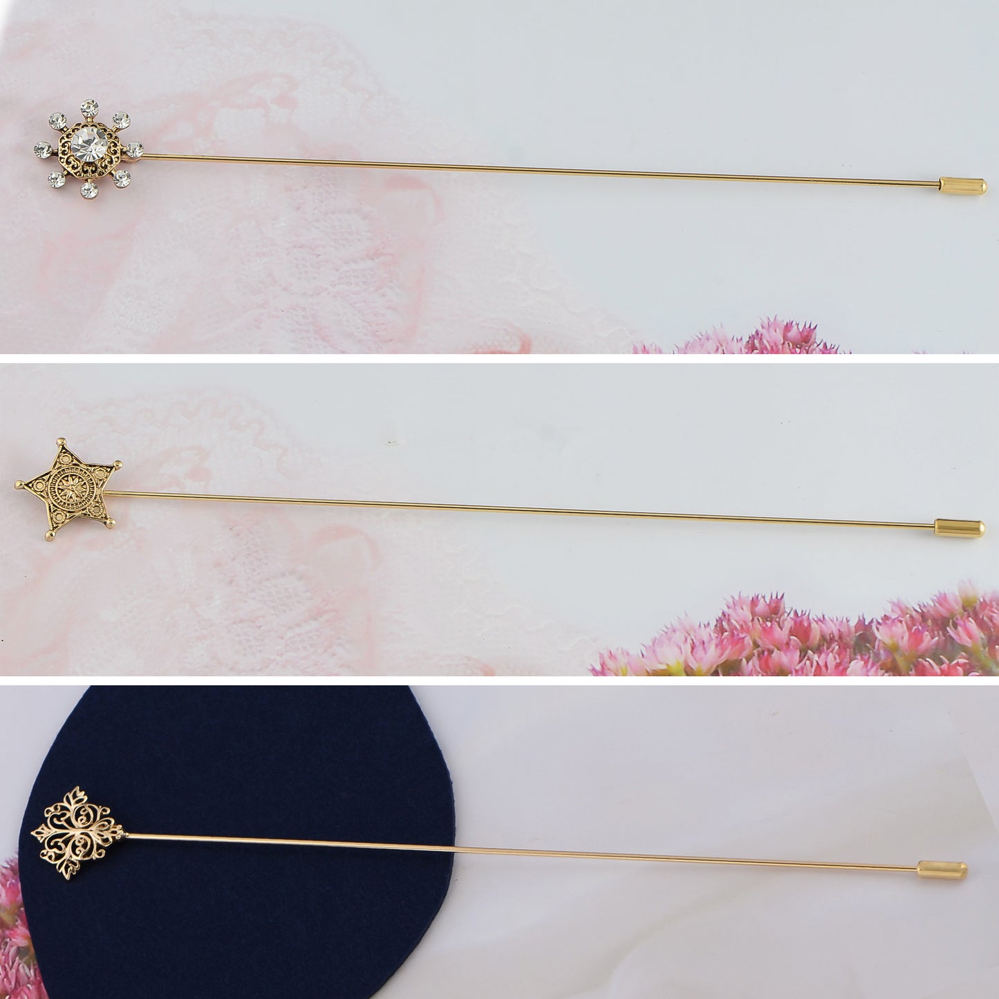 Alilang Vintage 3Pcs Long Stick Hat Pin Crystal Flower and Butterfly for Classic Hat and Lapel Brooch Pins Accessorizin