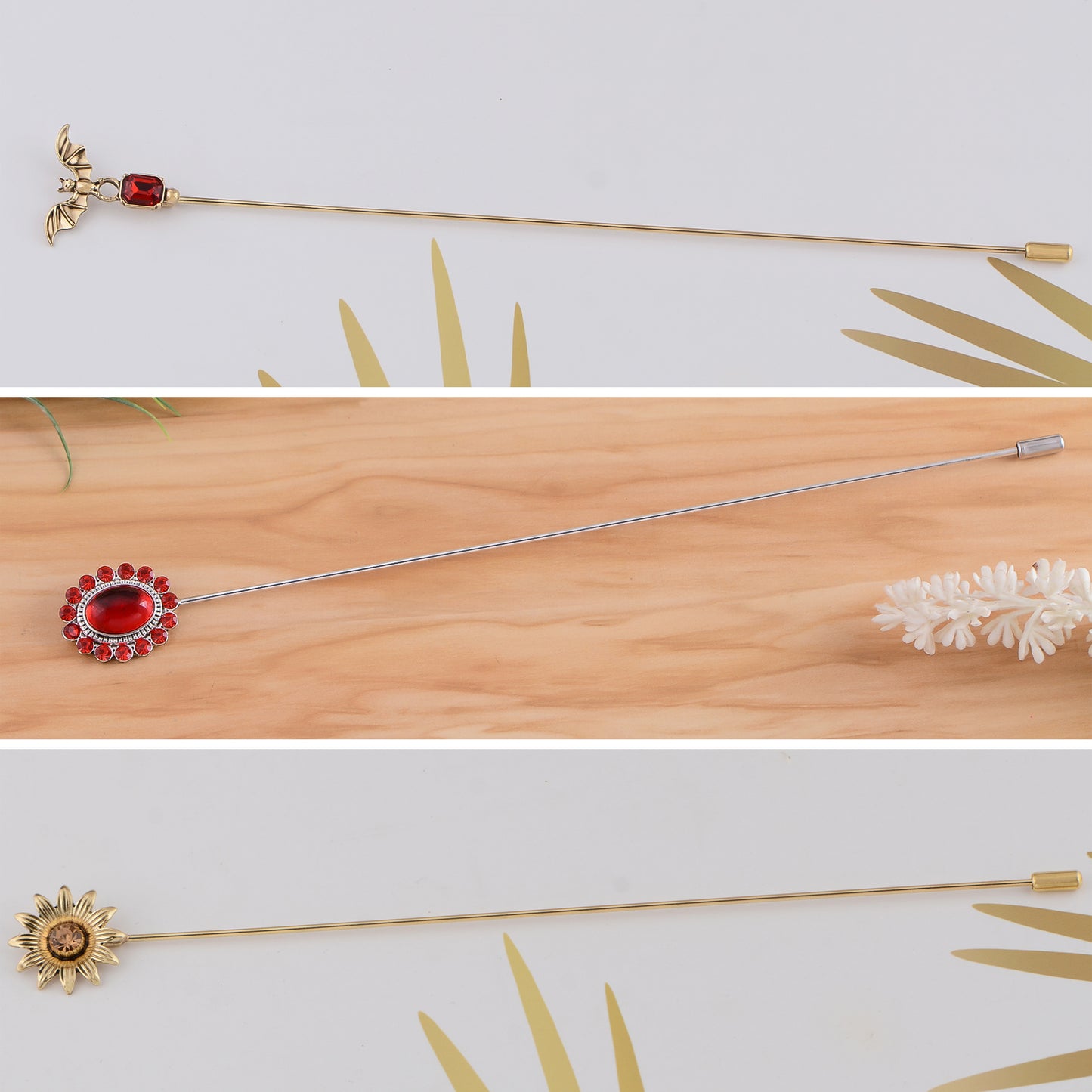 Alilang Vintage 3Pcs Long Stick Hat Pin Crystal Flower and Butterfly for Classic Hat and Lapel Brooch Pins Accessorizin