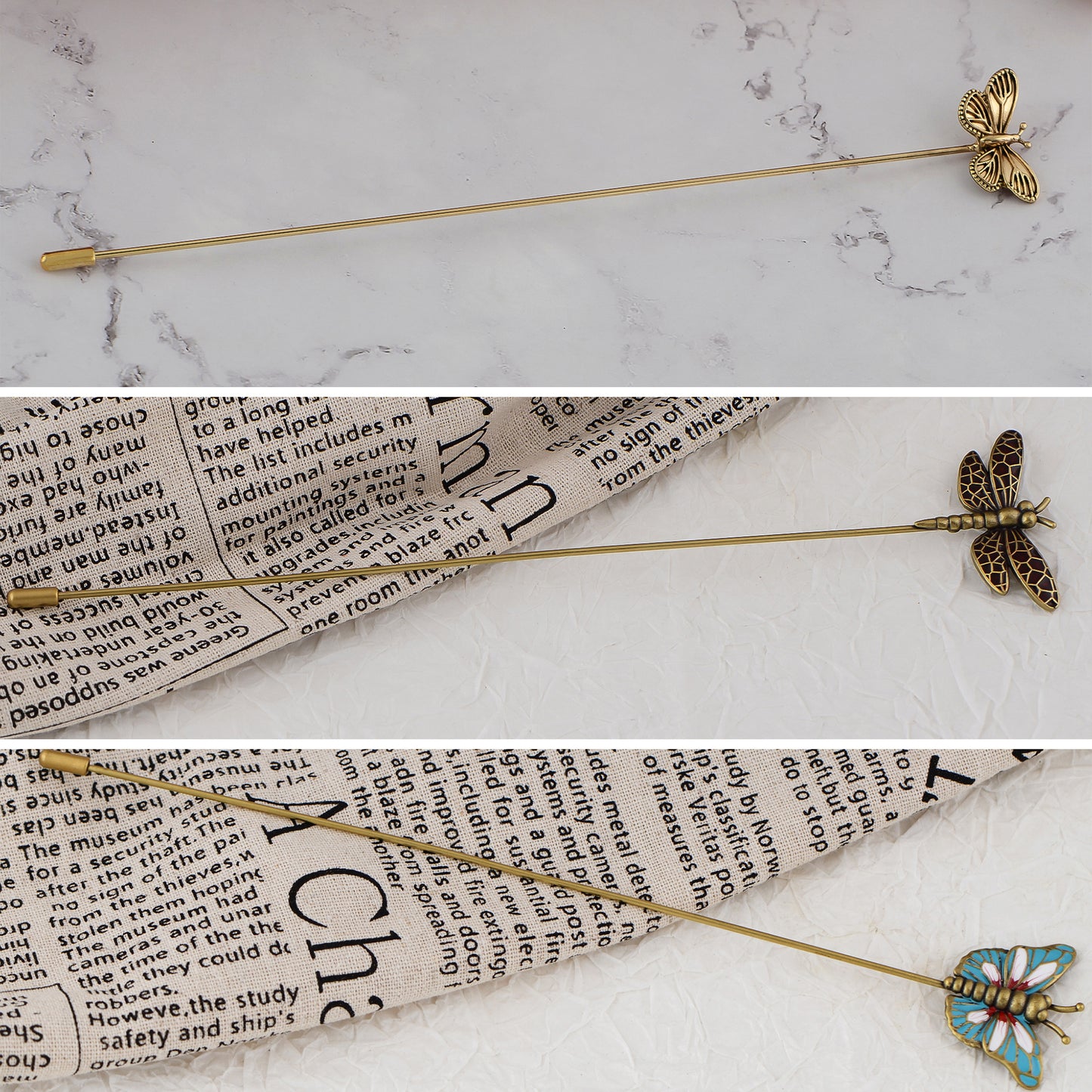 Alilang Vintage 3Pcs Long Stick Hat Pin Set with Butterfly Flower and Insect Designs for Lapel Brooch Hat Outdoor Accessory