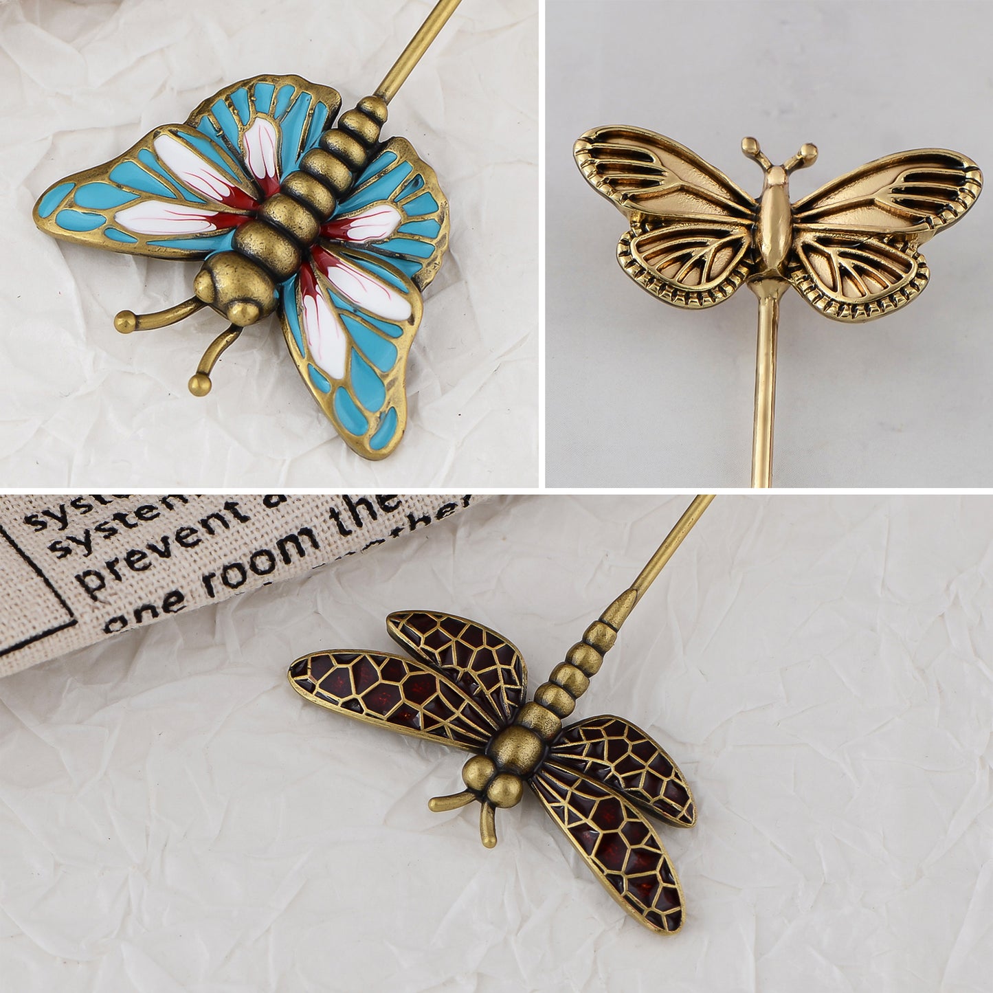 Alilang Vintage 3Pcs Long Stick Hat Pin Set with Butterfly Flower and Insect Designs for Lapel Brooch Hat Outdoor Accessory
