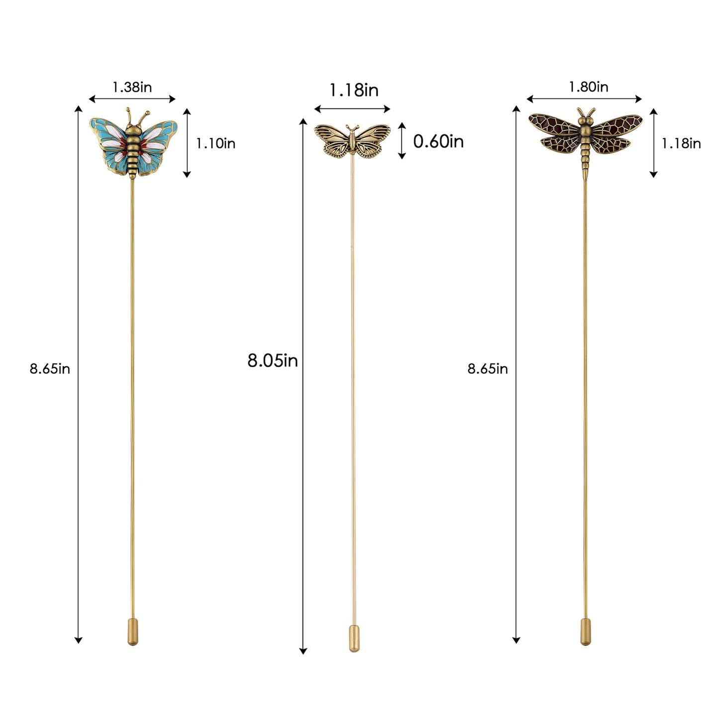 Alilang Vintage 3Pcs Long Stick Hat Pin Set with Butterfly Flower and Insect Designs for Lapel Brooch Hat Outdoor Accessory