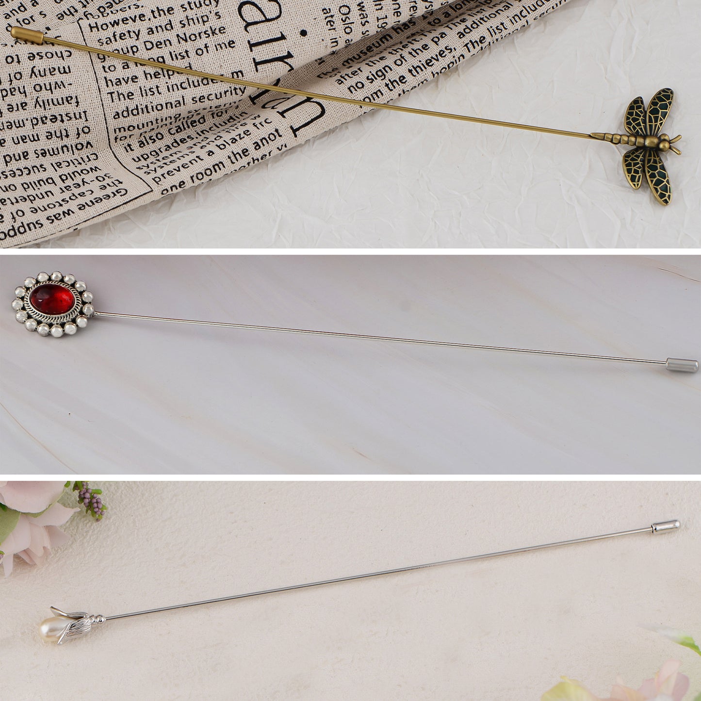 Alilang Vintage 3Pcs Long Stick Hat Pin Set with Butterfly Flower and Insect Designs for Lapel Brooch Hat Outdoor Accessory
