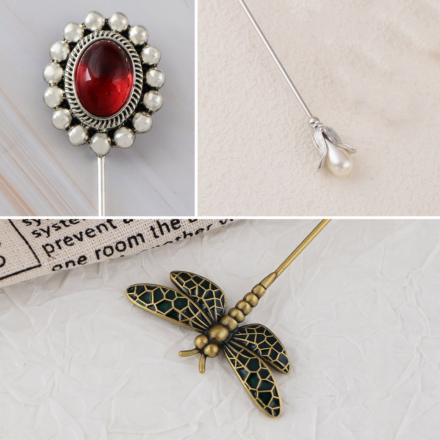 Alilang Vintage 3Pcs Long Stick Hat Pin Set with Butterfly Flower and Insect Designs for Lapel Brooch Hat Outdoor Accessory