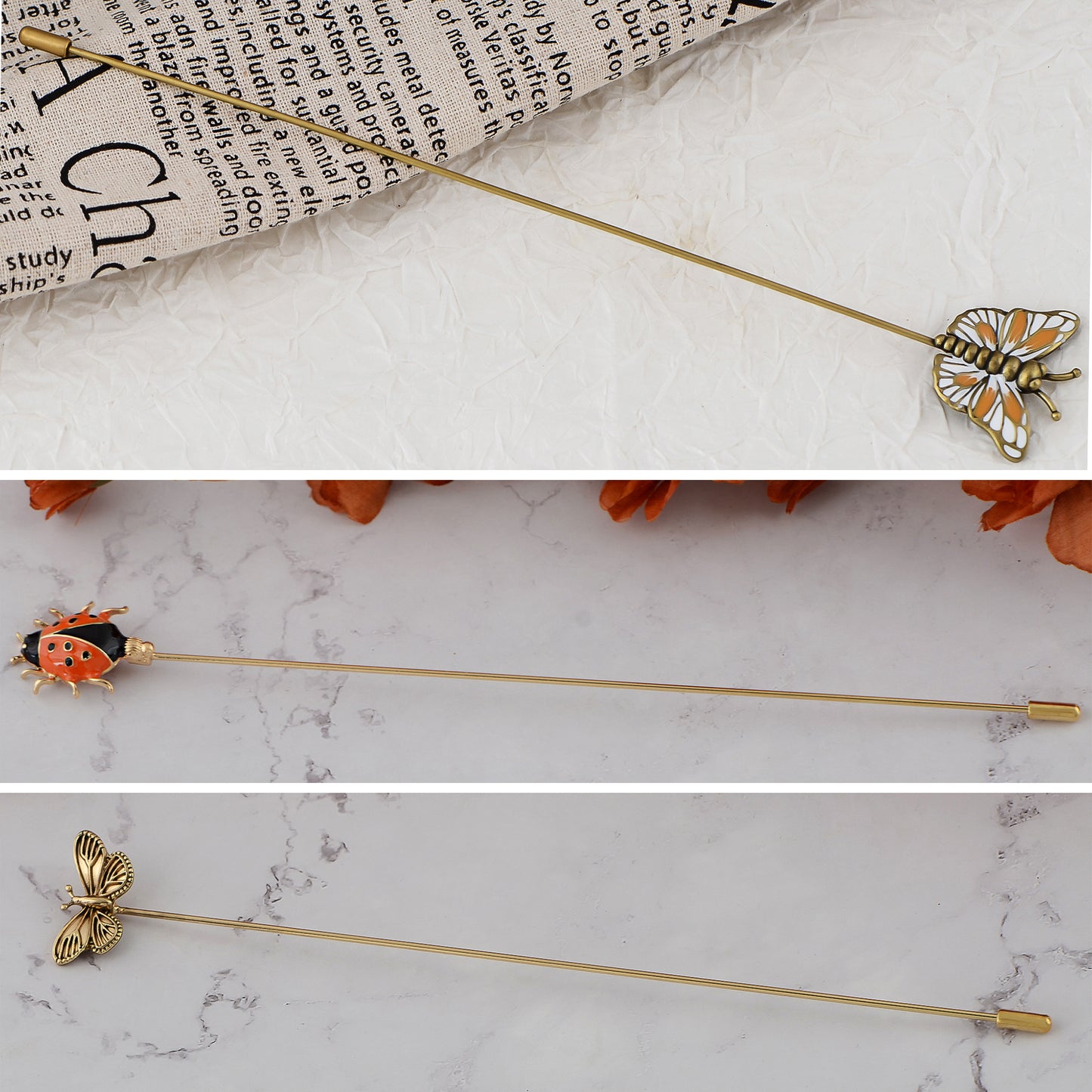 Alilang Vintage 3Pcs Long Stick Hat Pin Set with Butterfly Flower and Insect Designs for Lapel Brooch Hat Outdoor Accessory