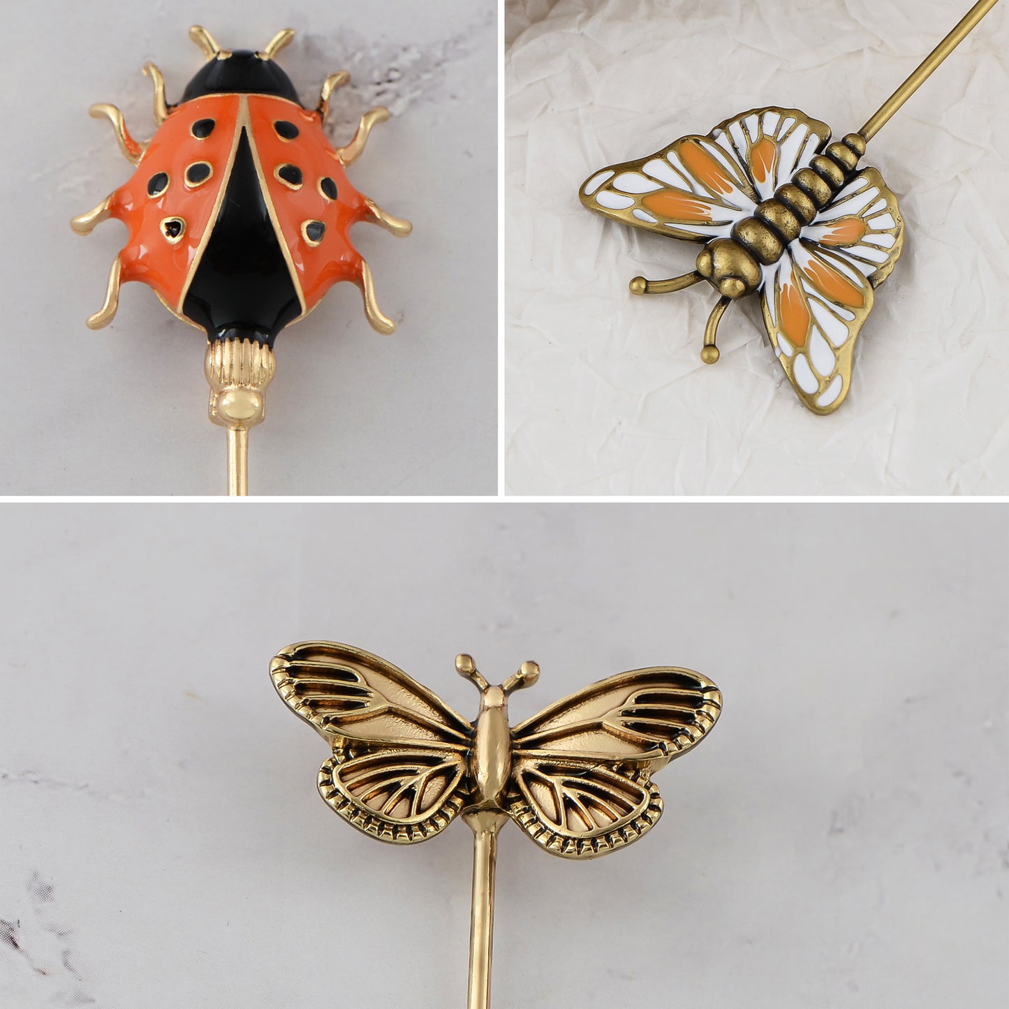 Alilang Vintage 3Pcs Long Stick Hat Pin Set with Butterfly Flower and Insect Designs for Lapel Brooch Hat Outdoor Accessory