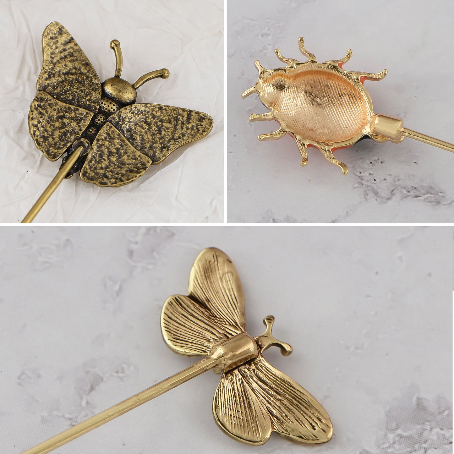 Alilang Vintage 3Pcs Long Stick Hat Pin Set with Butterfly Flower and Insect Designs for Lapel Brooch Hat Outdoor Accessory