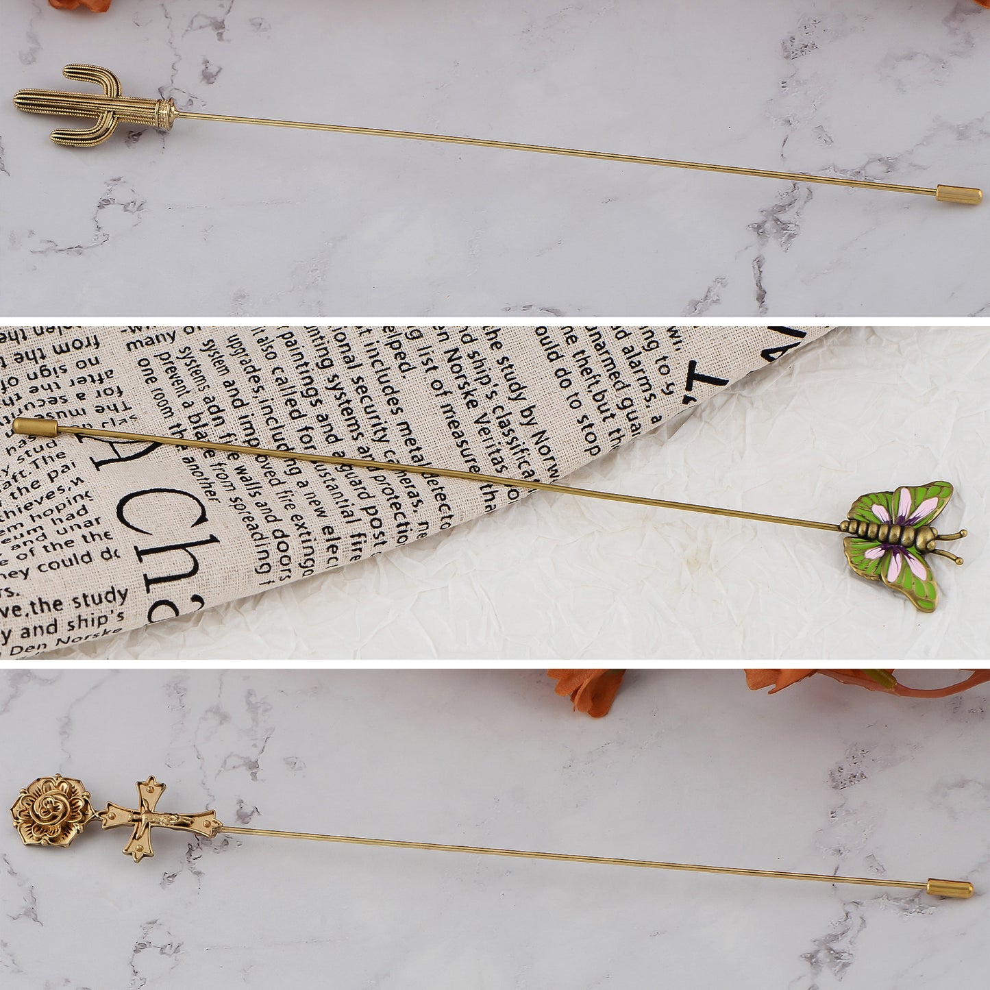 Alilang Vintage 3Pcs Long Stick Hat Pin Set with Butterfly Flower and Insect Designs for Lapel Brooch Hat Outdoor Accessory