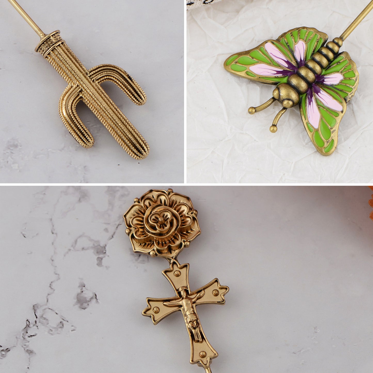 Alilang Vintage 3Pcs Long Stick Hat Pin Set with Butterfly Flower and Insect Designs for Lapel Brooch Hat Outdoor Accessory