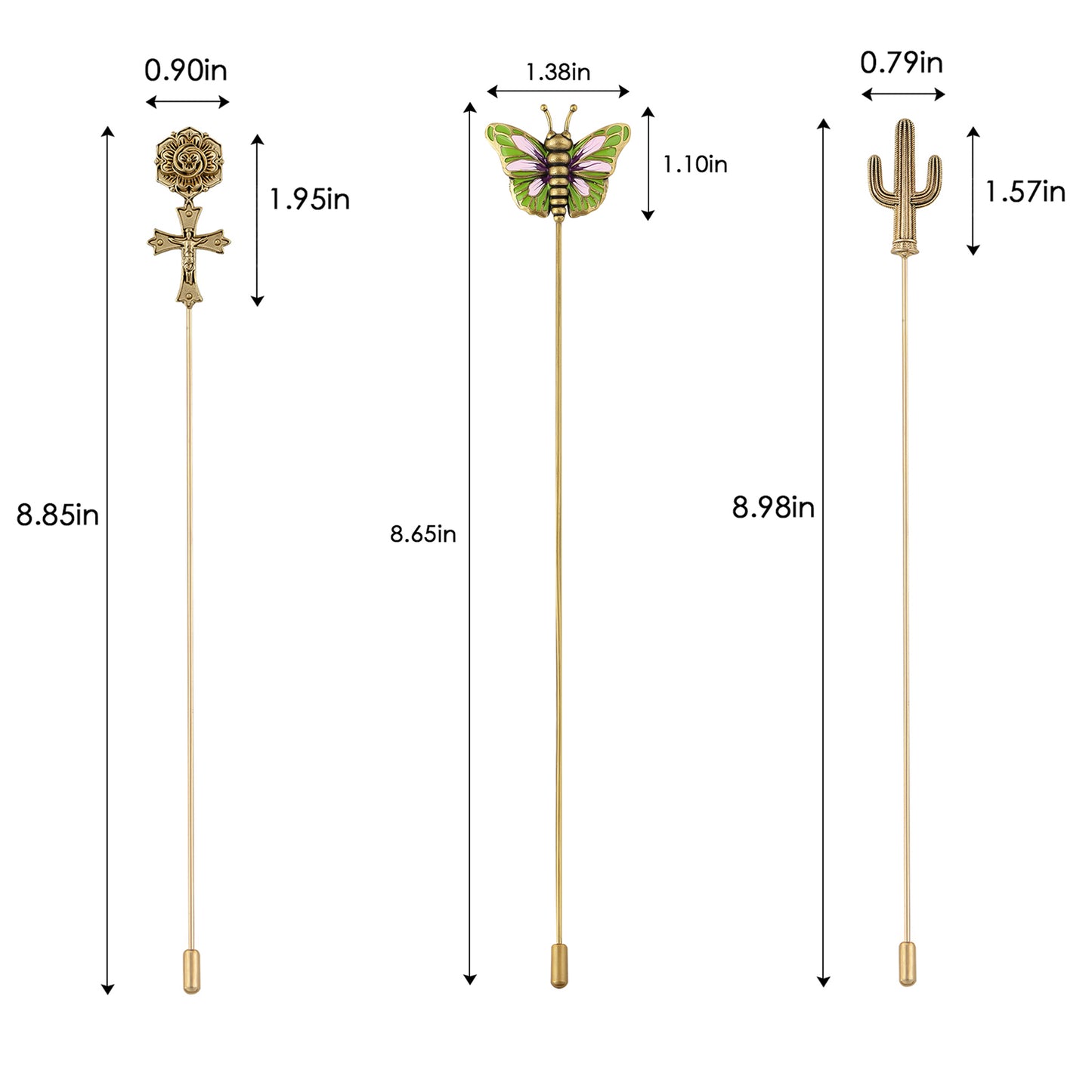 Alilang Vintage 3Pcs Long Stick Hat Pin Set with Butterfly Flower and Insect Designs for Lapel Brooch Hat Outdoor Accessory