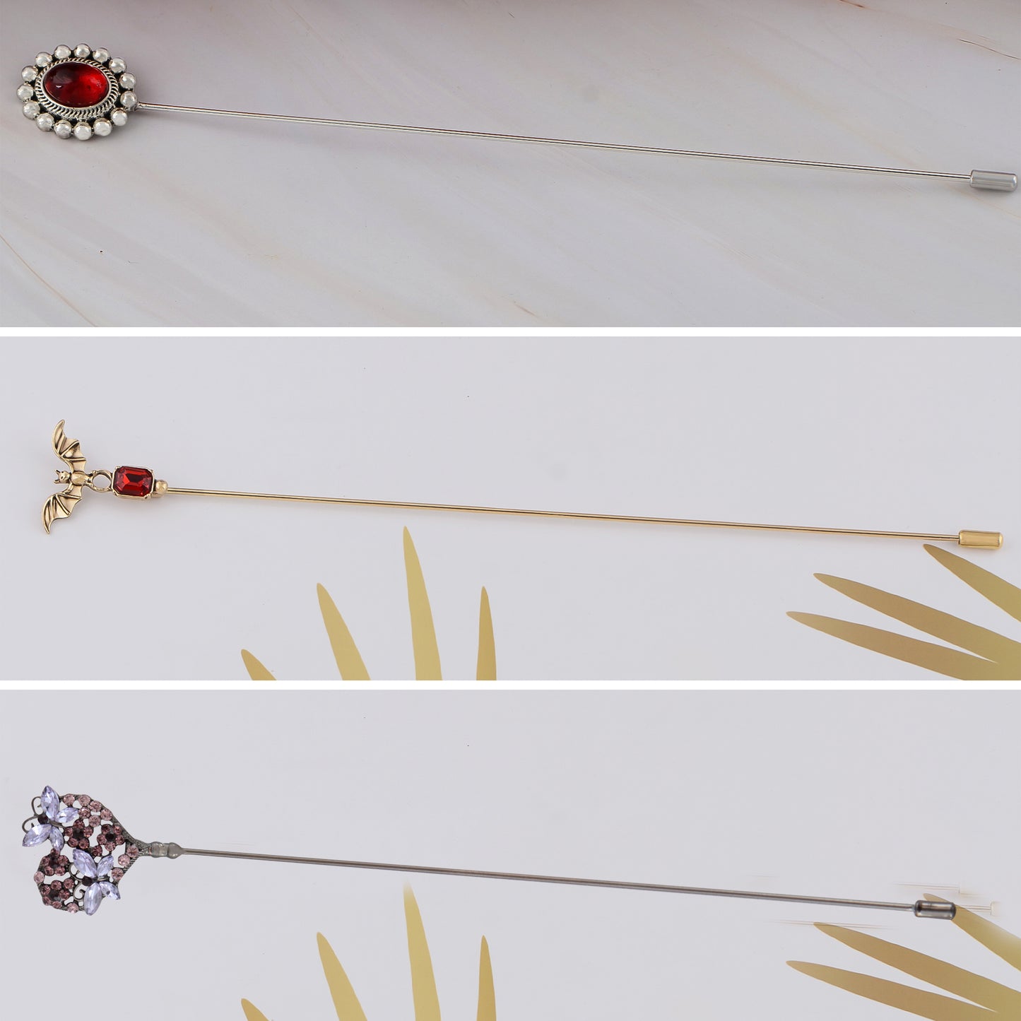 Alilang Vintage 3Pcs Long Stick Hat Pin Set with Butterfly Flower and Insect Designs for Lapel Brooch Hat Outdoor Accessory
