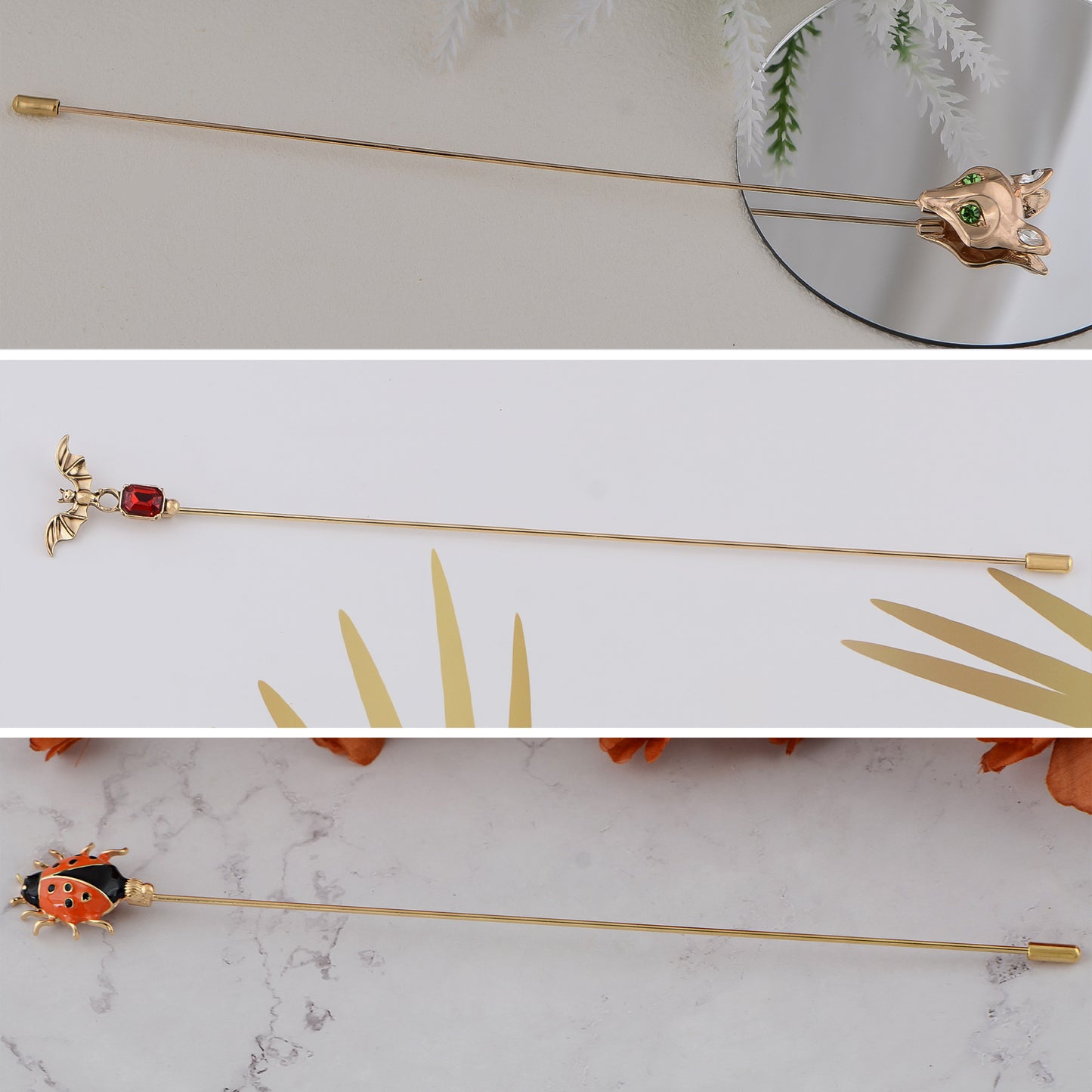 Alilang Vintage 3Pcs Long Stick Hat Pin Set with Butterfly Flower and Insect Designs for Lapel Brooch Hat Outdoor Accessory