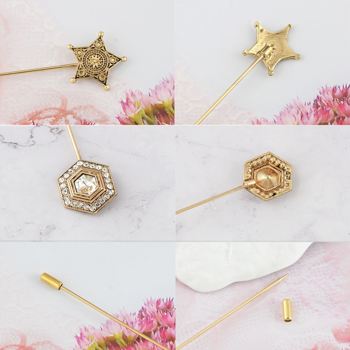 Alilang 5Pcs Vintage Butterfly Hat Pins for Women Antique Gold Long Pins with Crystal