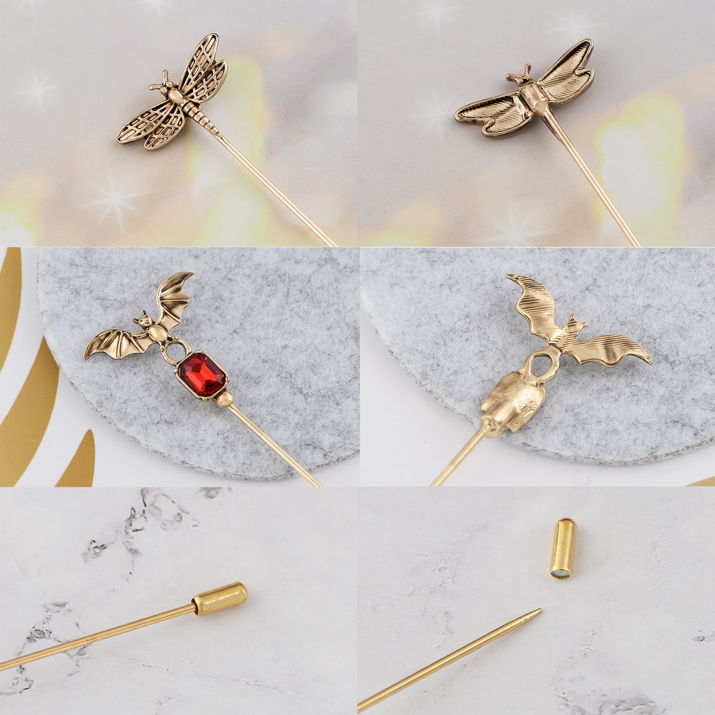 Alilang 5Pcs Vintage Butterfly Hat Pins for Women Antique Gold Long Pins with Crystal