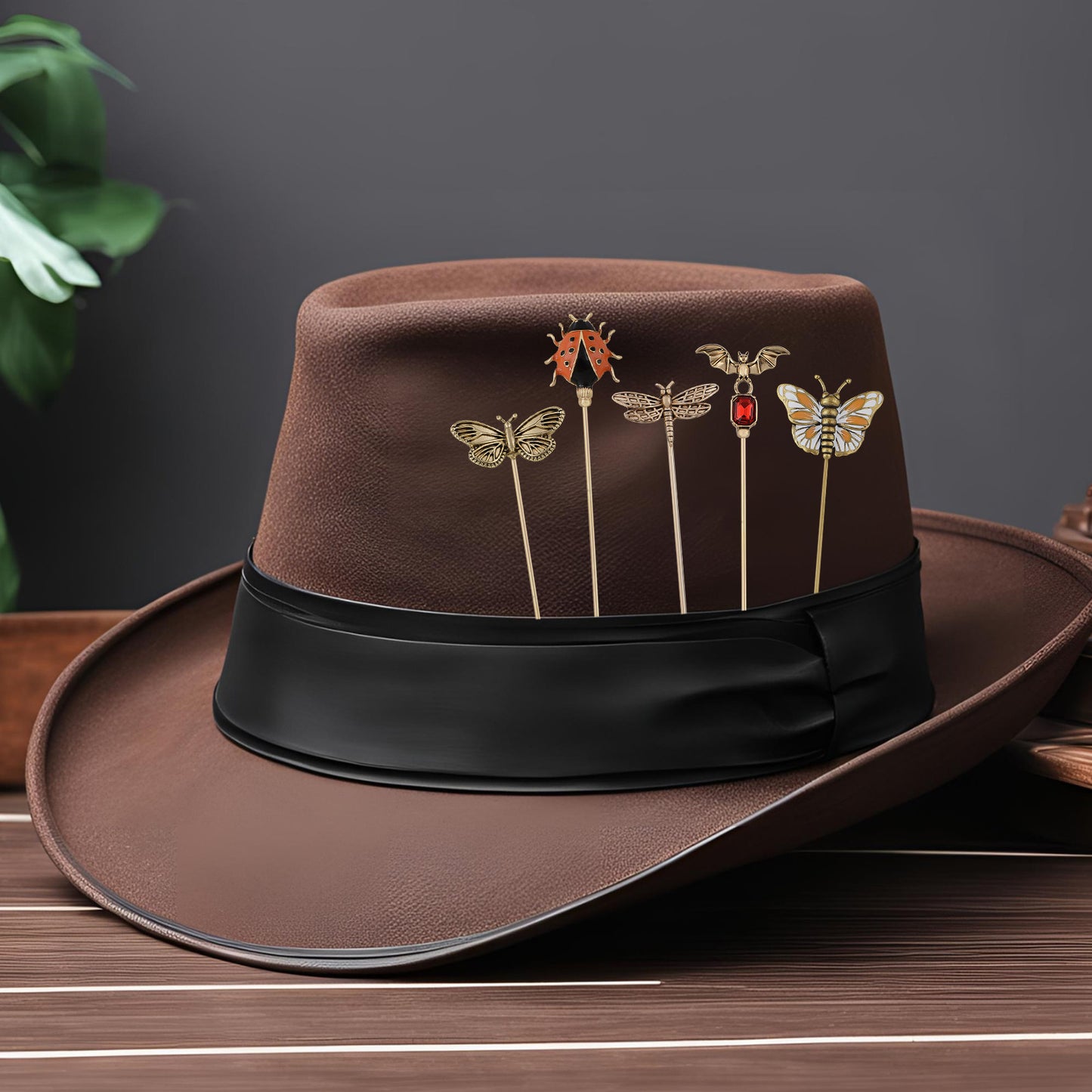 Alilang 5Pcs Vintage Butterfly Hat Pins for Women Antique Gold Long Pins with Crystal