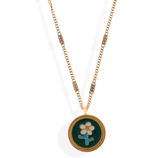 Alilang Women's Gold Tone Chain Necklace with Green Enamel Flower Pendant
